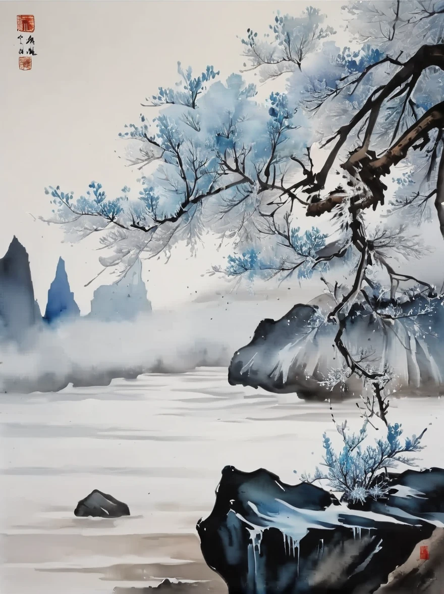 (Ink painting and watercolor painting:1.5), (landscape painting:1.5), (Tasteful:1.5), (rock:1.5),(Tree:1.5), (Ink painting and watercolor painting:1.5), (Chinese style:1.5), (Rime ice:1.5), (Rime ice:1.5), (ice crystals:1.5), (Rime ice covered the Trees:1.5), (frozen Tree:1.5),