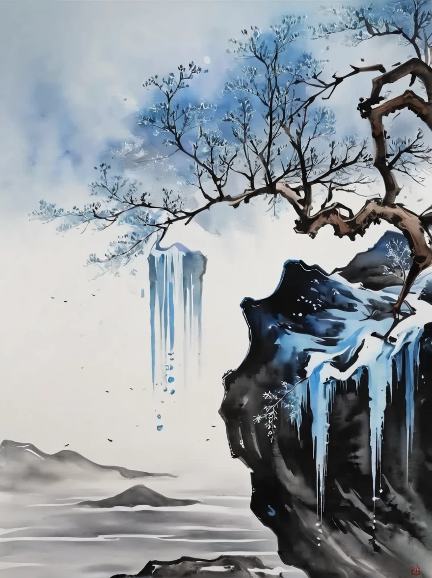 (Ink painting and watercolor painting:1.5), (landscape painting:1.5), (Tasteful:1.5), (rock:1.5),(Tree:1.5), (Ink painting and watercolor painting:1.5), (Chinese style:1.5), (Rime ice:1.5), (Rime ice:1.5), (ice crystals:1.5), (Rime ice covered the Trees:1.5), (frozen Tree:1.5),