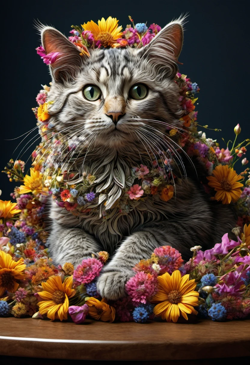 there is a cat made of flowers sitting on a table, cat made of dried flowers, cat detailed, covered in flowers, thomas veyrat intricate, wrapped in flowers and wired, highly detailed digital art, covered with flowers, over detailed art, highly detailed 4 k art, extremely higly detailed,  extremely detailed digital art