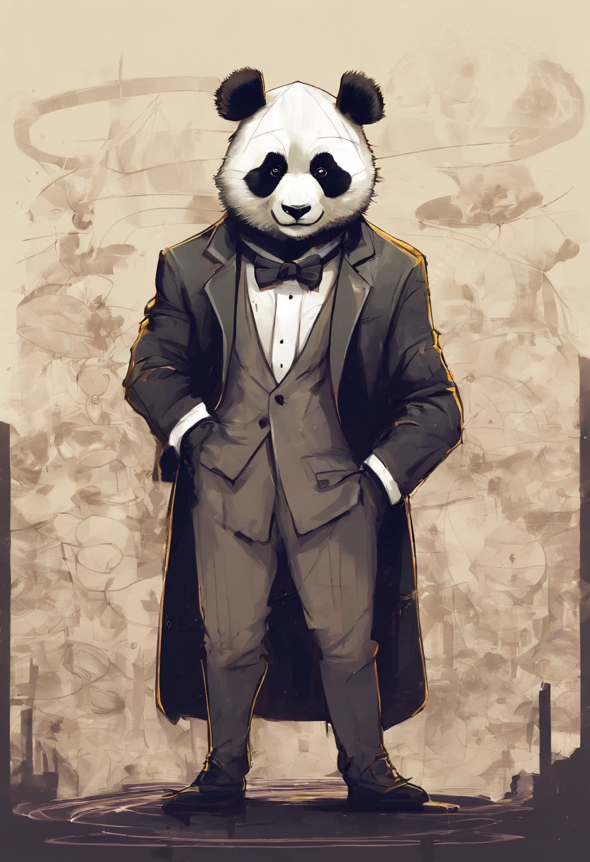 anthropomorphic panda, de cuerpo entero, vestido formalmente con un blazer, sostiene una bandeja, pegatina de panda, sticker de panda.