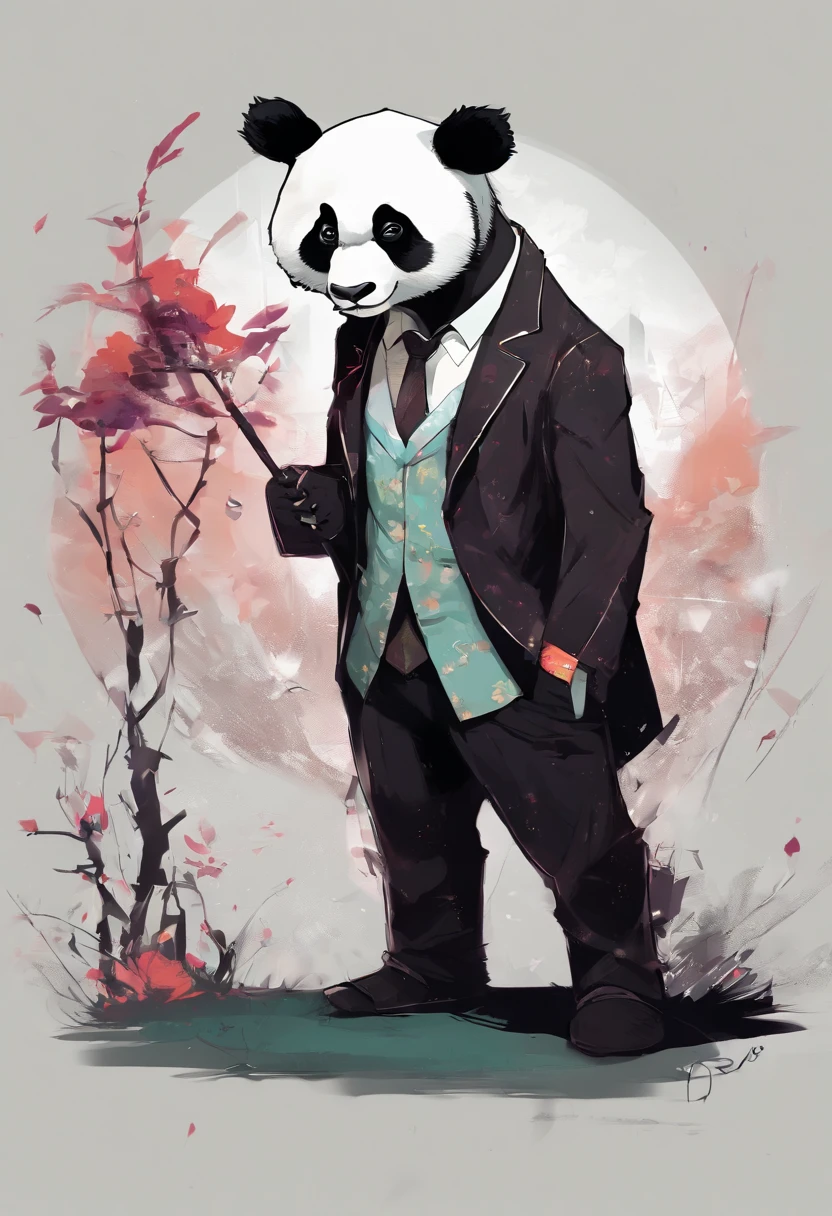 anthropomorphic panda, de cuerpo entero, vestido formalmente con un blazer, sostiene una bandeja, pegatina de panda, sticker de panda.