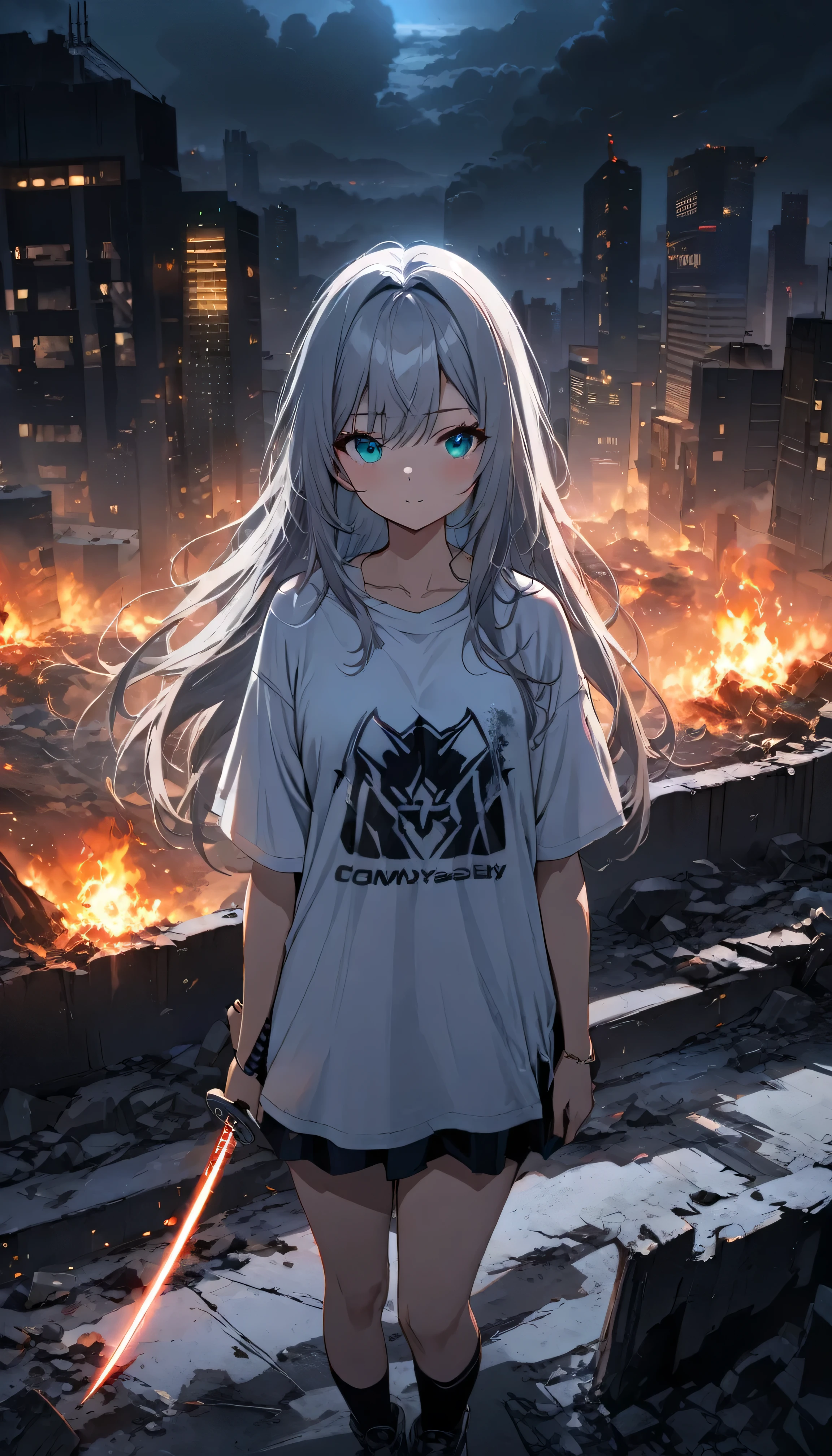 Resolution full, best quality, masterpiece, full HD, beautifull girl, foggy theme, super detailed, 1girl, cute girl, long hair, silver hair, detailed beautiful Aqua eyes, white T - shirt oversized, in wasteland, night time. At roof top skycraper. burning city and destroyed city. holding glowing katana, shadows surroundings girl, has a lighting power, apocalypse