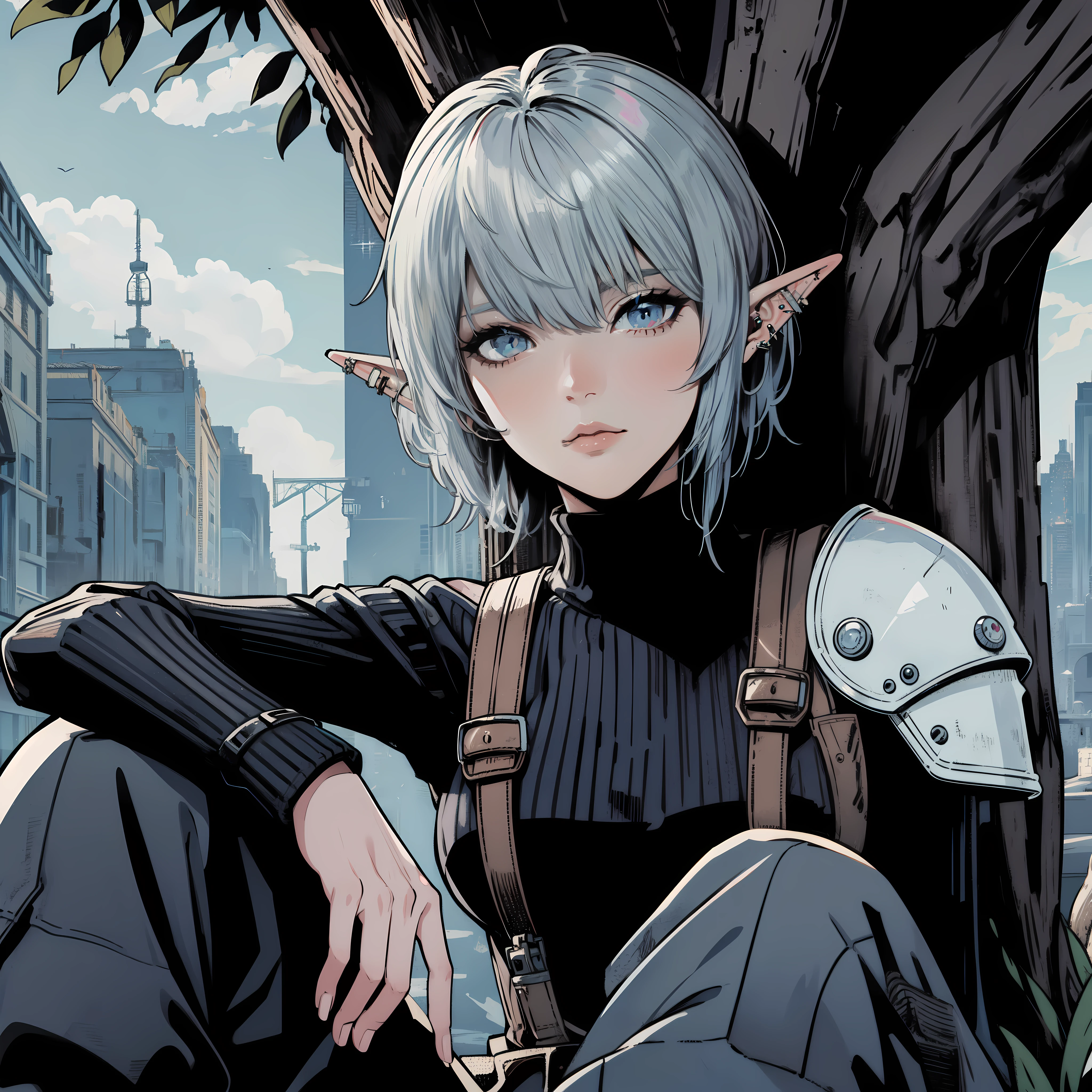 A female elf sitting under a tree in the pop art style of LISA FUJISE. BREAK, diagonal bangs, silver hair, bowl cut, blue eyes, (ear piercing), black turtleneck sweater, Wearing white armor plate on right shoulder, cargo pants, serious, character design by TETSUYA NOMURA, style by Final Fantasy VII. BREAK, Dynamic angle, master pieces, cinematic lighting, background in midgard city. 