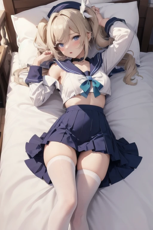 top quality,8K,one girl,Barbara,despise,half-closed eyes,blush,open mouth,shoulder,Thin face,face focus,face to the viewer,lying down,Lie flat on the bed,Aerial Photography,Full body like,(long and beautiful leg:1.5),Clear face,Exquisite facial features,sexy,a sailor suit that is extremely short in length,Super short skirt with V-line visible,white half pantyhose,mini skirt