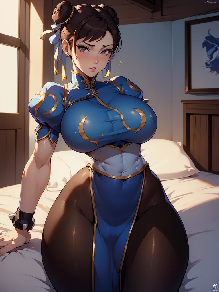chun li, deitada numa cama branca, cama branca, uniforme azul classico, brown tights, belos olhos, olhos detalhados , quarto a tarde, pose sexy, olhando para frente, corpo sexy, belas coxas