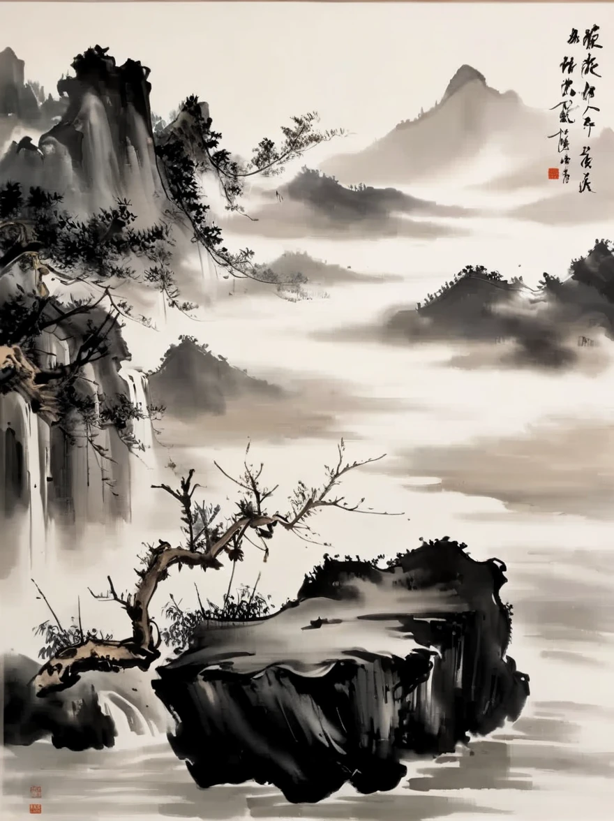 water墨画和water彩画，Drawing on rice paper，Use thick and light inks to create light and dark changes and layers，选择正确的墨water颜色，Such as deep black、thick gray、light coffee, ETC，express different situations and atmospheres，Control the gradient and transition of ink colors through the humidity and consistency of the ink，Monte，water，Tree，lake surface，desolate, desolate, ，black and white tones，dead tree， 中国传统water墨画, Chinese traditional art, author：Guo Xi, author：Ma Yuanyu, traditional Chinese painting, author：Xu Xi, author：Luo Mu, author：Yang Buzhi, author：Li Kelan, author：Zhi&#39;an, water墨画 ) ) ) ), 中国water墨画, 中traditional Chinese painting风格