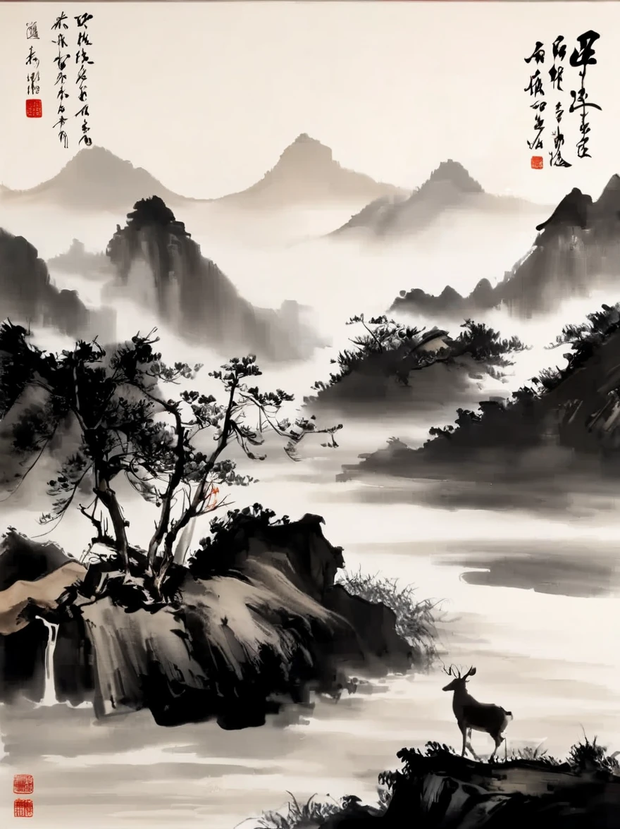 water墨画和water彩画,Drawing on rice paper,Use thick and light inks to create light and dark changes and layers,选择正确的墨water颜色,Such as deep black、thick gray、light coffee, ETC,express different situations and atmospheres,Control the gradient and transition of ink colors through the humidity and consistency of the ink,Monte,water,Tree,lake surface,desolate, desolate, ,black and white tones,dead tree, 中国传统water墨画, Chinese traditional art, author:Guo Xi, author:Ma Yuanyu, traditional Chinese painting, author:Xu Xi, author:Luo Mu, author:Yang Buzhi, author:Li Kelan, author:Zhi'an, water墨画 ) ) ) ), 中国water墨画, 中traditional Chinese painting风格