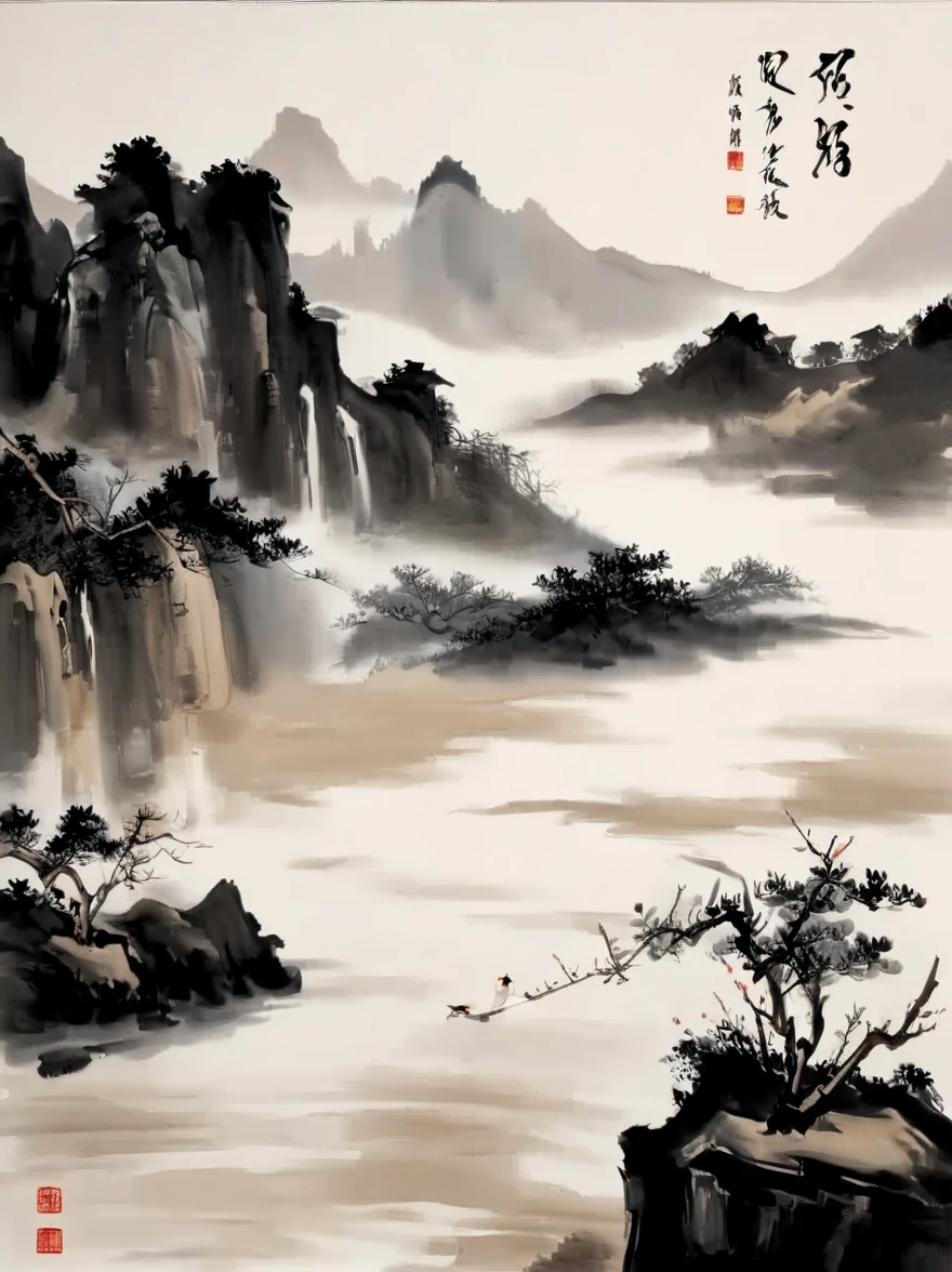 water墨画和water彩画,Drawing on rice paper,Use thick and light inks to create light and dark changes and layers,选择正确的墨water颜色,Such as deep black、thick gray、light coffee, ETC,express different situations and atmospheres,Control the gradient and transition of ink colors through the humidity and consistency of the ink,Monte,water,Tree,lake surface,desolate, desolate, ,black and white tones,dead tree, 中国传统water墨画, Chinese traditional art, author:Guo Xi, author:Ma Yuanyu, traditional Chinese painting, author:Xu Xi, author:Luo Mu, author:Yang Buzhi, author:Li Kelan, author:Zhi'an, water墨画 ) ) ) ), 中国water墨画, 中traditional Chinese painting风格