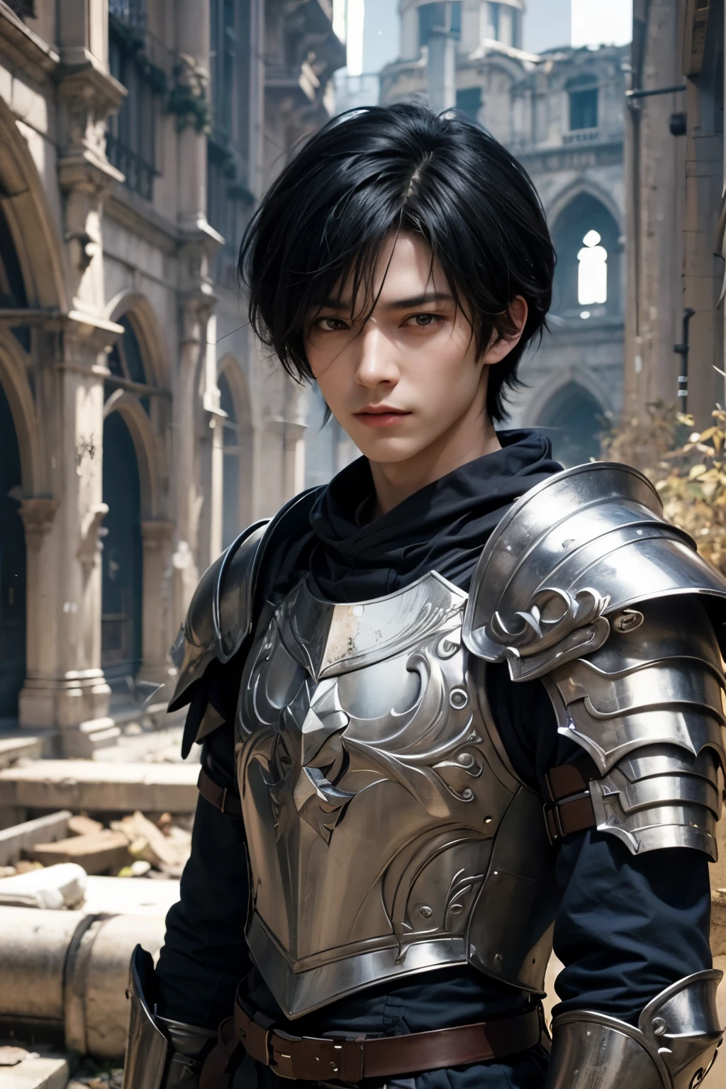 Anime-style image of a man in armour standing in an abandoned building, a human male paladin, male paladin, game CG, Akihiko Yoshida. unreal engine, Arsen Lupin as Paladin, Demon slayer art handsome man, Attractive man in armor, the truth of the matter, official art, official character art, gothic knight, detailed digital anime art