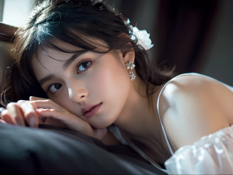 best quality, (masterpiece:1.2), illustration, Ridiculous, (1 girl, alone. Wearing a white silk nightgown. Dreamy dark purple panties), (Beautiful and meticulous girl), ((Upper body, portrait) ), Very delicate and beautiful, wonderful, Highly detailed CG Unity 8k wallpaper, super detailed, high resolution, movie lighting,soft light, Beautiful and meticulous girl, Highly detailed eyes and faces, Beautifully detailed nose, Beautiful and delicate eyes, Keira McMillan, Hair,black hair, Black Eyes, medium breasts, crystal earrings, , perfect anatomy, Slender figure, looking at the audience, Elegant bedroom interior, night, , Dark curtains cover the windows,