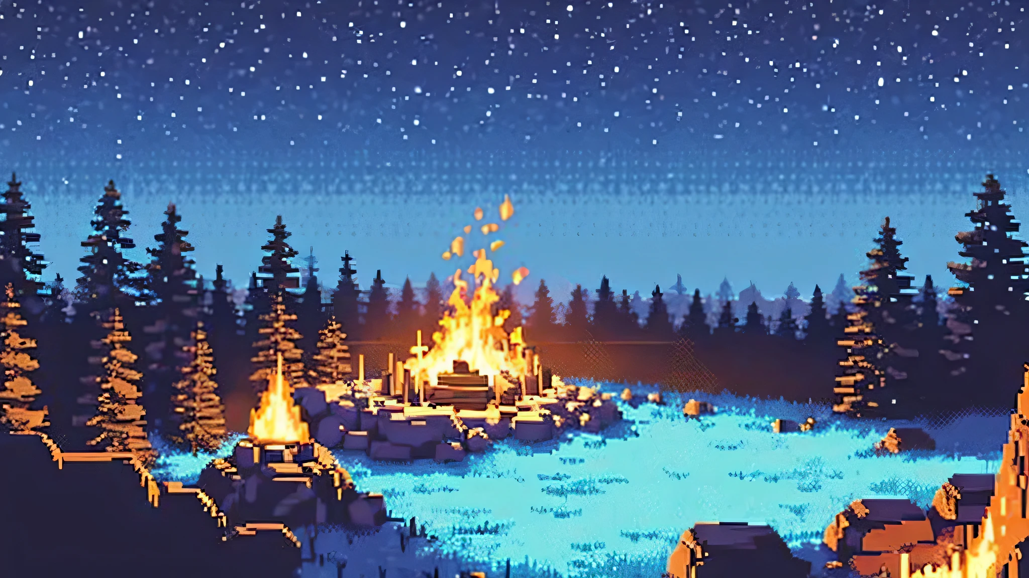 Creating pixel art of a nighttime outdoor bonfire with a knight nearby can be a fun and visually appealing project. Here's a description of what such an artwork might entail:

The background is dark, representing the nighttime setting. The sky is a deep, dark blue, scattered with twinkling stars. The bonfire is the focal point of the scene, emitting a warm, orange glow. The flames dance and flicker, casting light and shadows around the immediate area.

Near the bonfire stands a pixelated knight in armor, holding a shield and a sword. The knight's armor reflects the glow of the fire, creating highlights and shadows on its metallic surface. The knight's stance is strong and noble, with a sense of vigilance as they keep watch over the area.

Around the bonfire are pixelated logs and rocks, arranged in a circle to contain the fire. The flames illuminate the surrounding ground, casting flickering shadows of the logs and rocks. Nearby trees and foliage are silhouetted against the night sky, adding depth and atmosphere to the scene.

Smoke rises from the bonfire, pixelated wisps swirling upwards into the night air. The crackling sound of the fire adds to the ambiance, creating a sense of warmth and coziness despite the darkness of the night.

Overall, the pixel art depicts a serene and captivating scene of a nighttime bonfire with a noble knight nearby, evoking a sense of adventure and wonder.