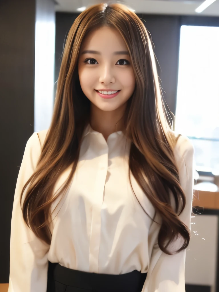 A beautiful Japanese shy girl, age 20 years old, light honey long hair, brown eyes, shiny lip, shiny hair and shiny body, wearing blouse with black skirt, in office, light shine in, ecstatic expression
