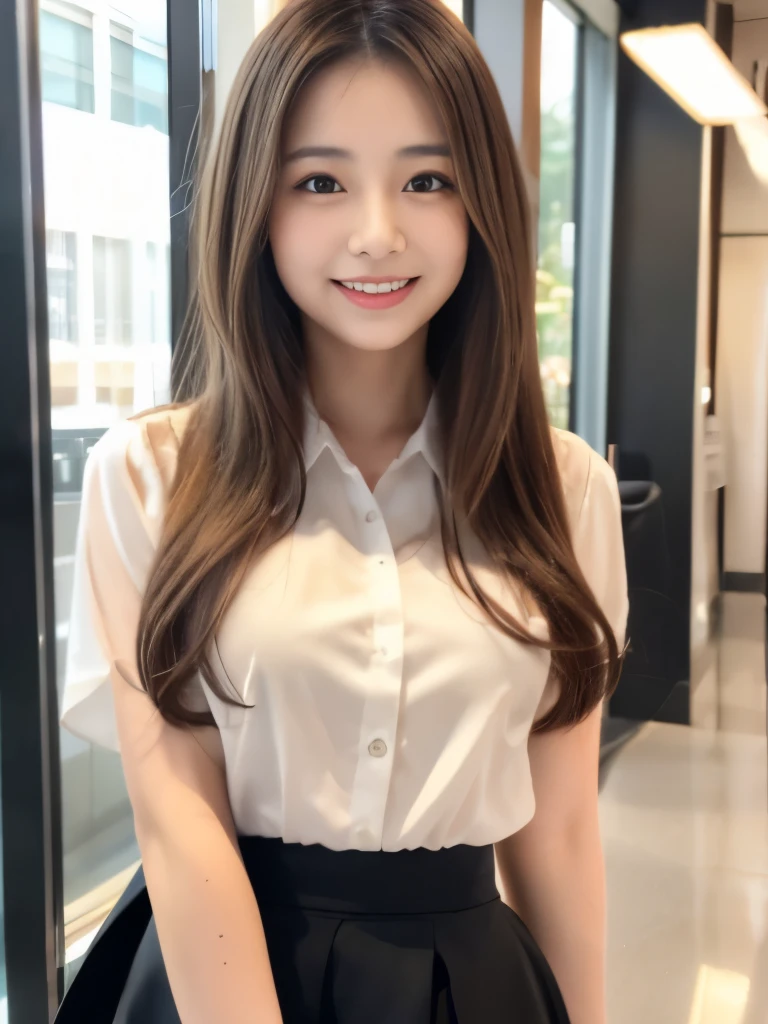 A beautiful Japanese shy girl, age 18 years old, short brown hair, brown big eyes, shiny lip, shiny hair, ecstatic expression, wearing white blouse, plaid skirt, The background is very blurry, wearing high heels, A photo showing the whole body, in school scape, 