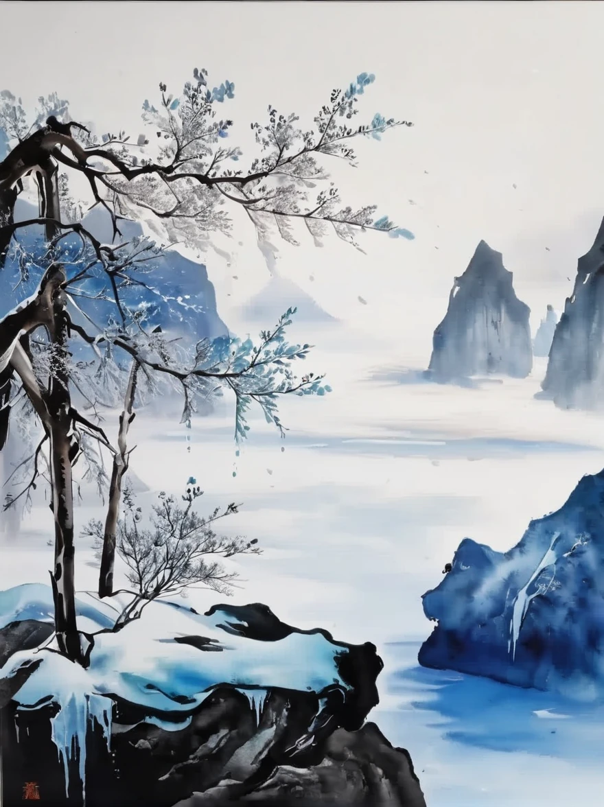 (Ink painting and watercolor painting:1.5), (landscape painting:1.5), (Tasteful:1.5), (rock:1.5),(Tree:1.5), (Ink painting and watercolor painting:1.5), (Chinese style:1.5), (Rime ice:1.5), (Rime ice:1.5), (ice crystals:1.5), (Rime ice covered the Trees:1.5), (frozen Tree:1.5),