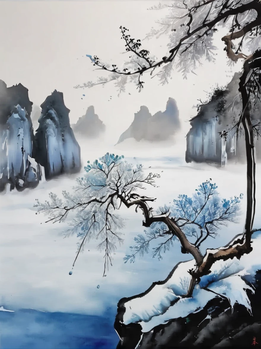 (Ink painting and watercolor painting:1.5), (landscape painting:1.5), (Tasteful:1.5), (rock:1.5),(Tree:1.5), (Ink painting and watercolor painting:1.5), (Chinese style:1.5), (Rime ice:1.5), (Rime ice:1.5), (ice crystals:1.5), (Rime ice covered the Trees:1.5), (frozen Tree:1.5),