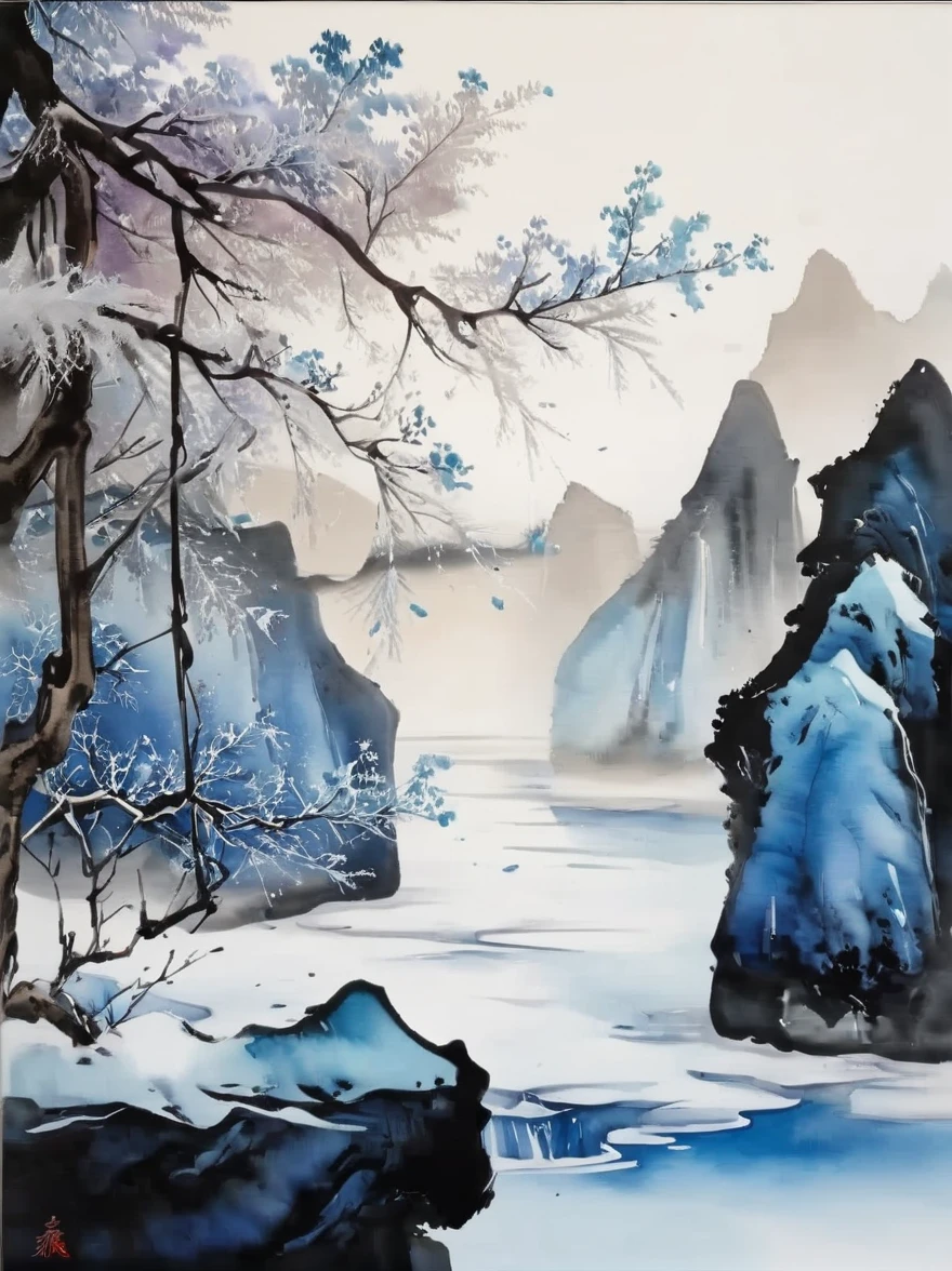 (Ink painting and watercolor painting:1.5), (landscape painting:1.5), (Tasteful:1.5), (rock:1.5)，(Tree:1.5), (Ink painting and watercolor painting:1.5), (Chinese style:1.5), (Rime ice:1.5), (Rime ice:1.5), (ice crystals:1.5), (Rime ice covered the Trees:1.5), (frozen Tree:1.5),