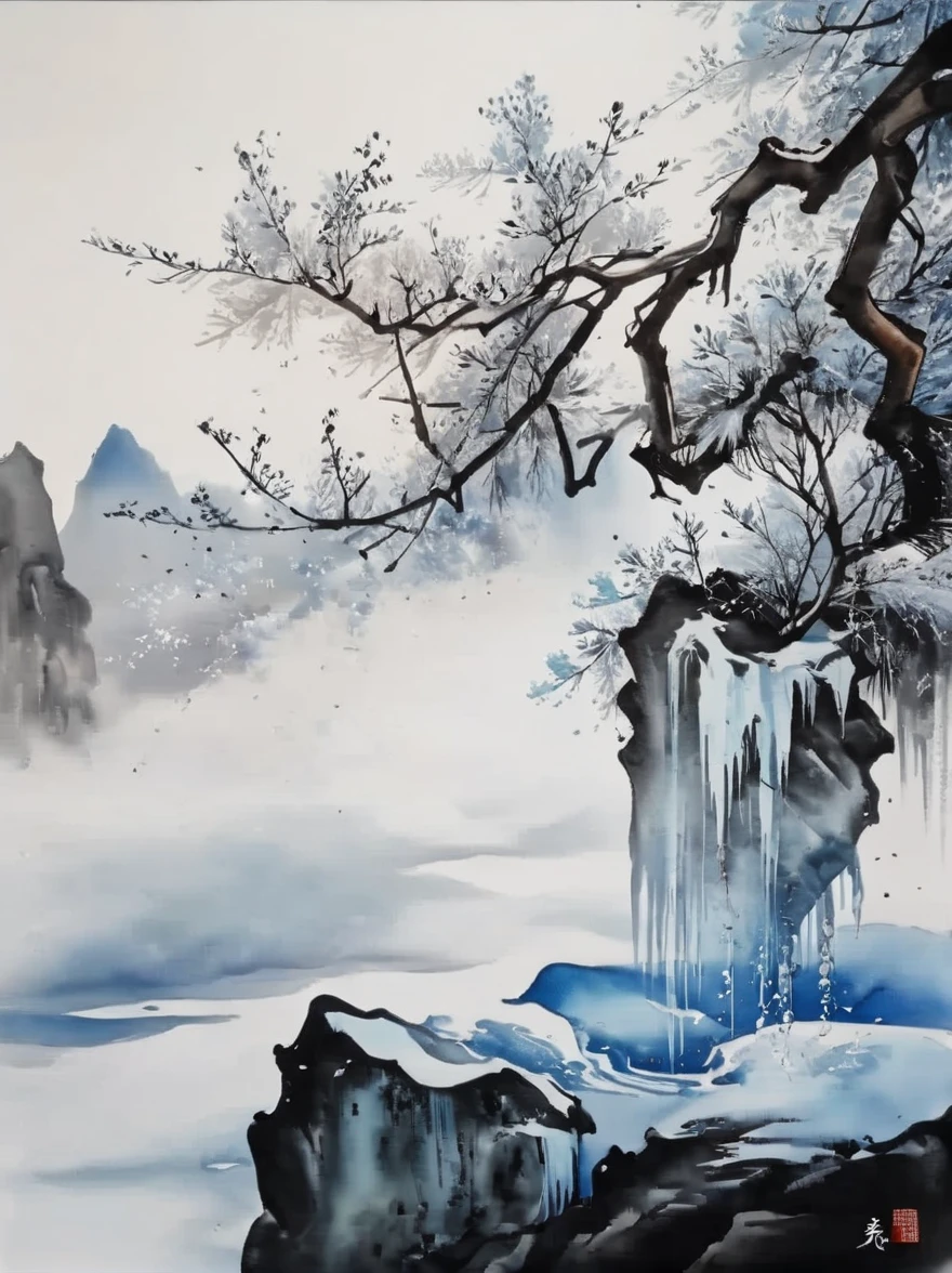 (Ink painting and watercolor painting:1.5), (landscape painting:1.5), (Tasteful:1.5), (rock:1.5),(Tree:1.5), (Ink painting and watercolor painting:1.5), (Chinese style:1.5), (Rime ice:1.5), (Rime ice:1.5), (ice crystals:1.5), (Rime ice covered the Trees:1.5), (frozen Tree:1.5),