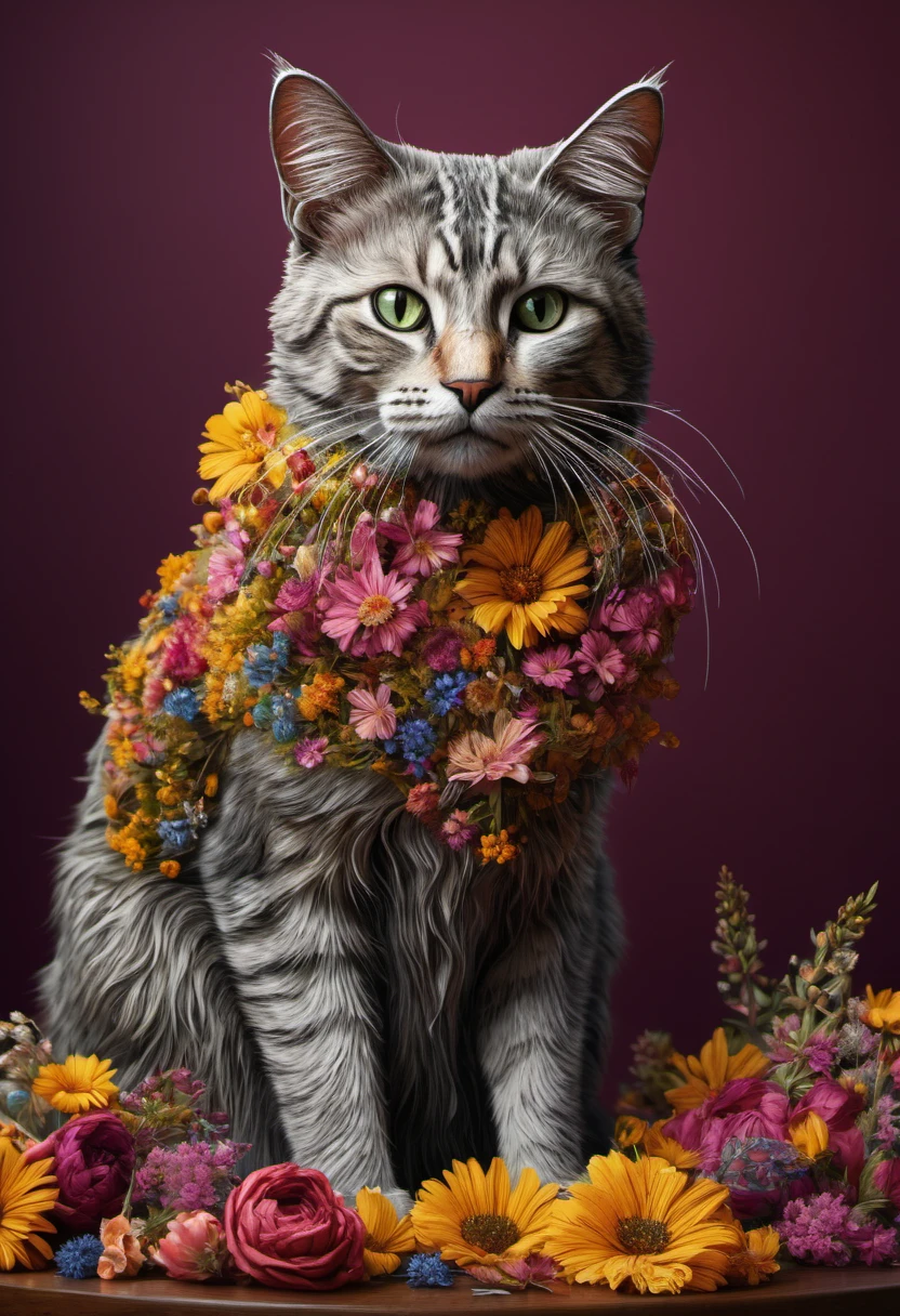 there is a cat made of flowers sitting on a table, cat made of dried flowers, cat detailed, totally covered , crafted iwith flowers, thomas veyrat intricate, wrapped in flowers and wired, highly detailed digital art, covered with flowers, over detailed art, highly detailed 4 k art, extremely higly detailed, extremely detailed digital art