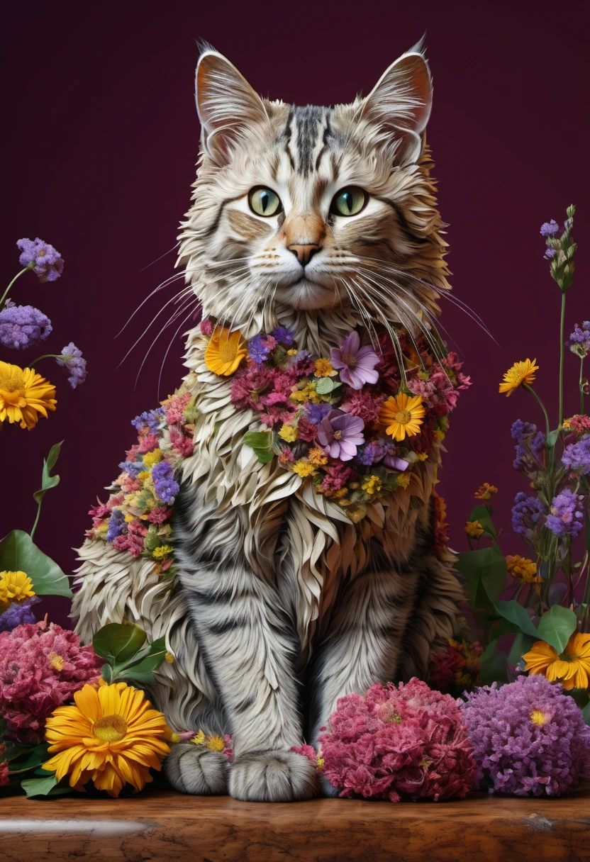 there is a cat made of flowers sitting on a table, cat made of dried flowers, cat detailed, totally covered , crafted iwith flowers, thomas veyrat intricate, wrapped in flowers and wired, highly detailed digital art, covered with flowers, over detailed art, highly detailed 4 k art, extremely higly detailed, extremely detailed digital art