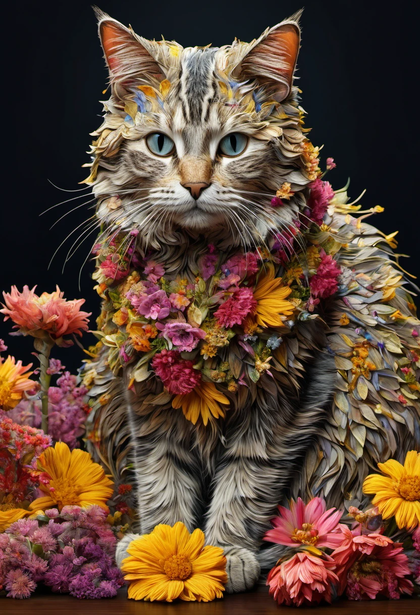 there is a cat made of flowers sitting on a table, cat made of dried flowers, cat detailed, totally covered , crafted iwith flowers, thomas veyrat intricate, wrapped in flowers and wired, highly detailed digital art, covered with flowers, over detailed art, highly detailed 4 k art, extremely higly detailed, extremely detailed digital art