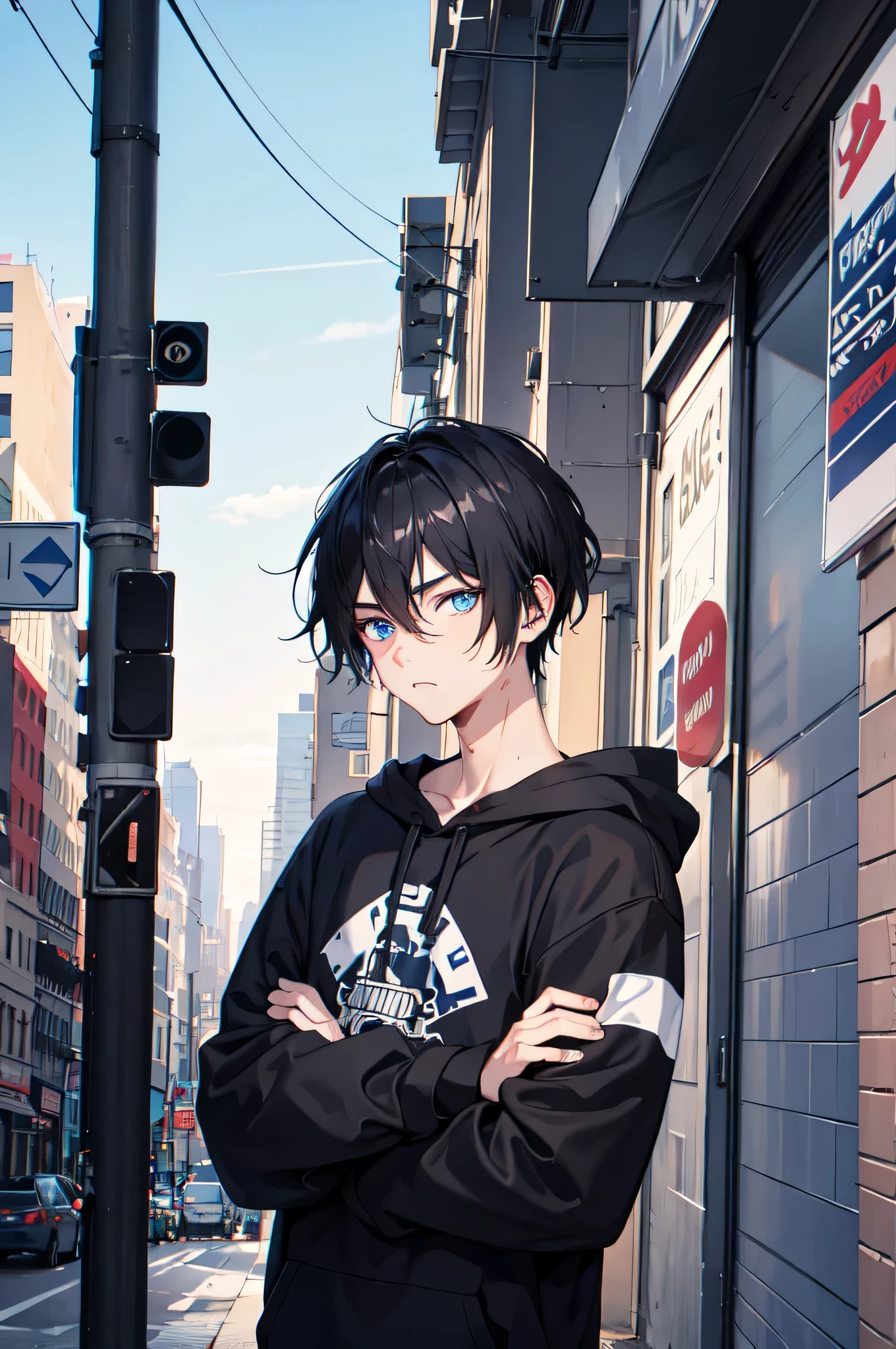 1boy,city,new york yankees hoodie,tied hair,black hair,blue eyes,using piercing