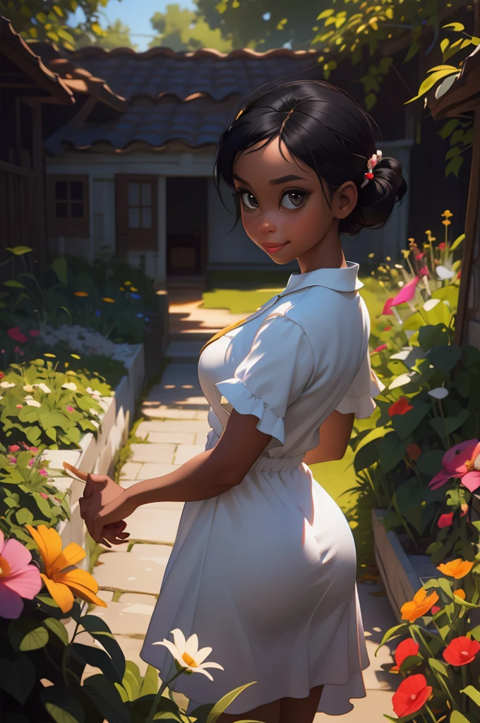 Adorable, Woman,big-eyed woman, round face. promenent lips. Smileing,In the garden,Her hands are behind her...., , large ass, wearing a cute sun dress. Picture from the side,looking at the scenes, intense colors, Very valuable details, complex details, volumetric lighting, digital art, 8k, trending on Artstation, Clear focus, complex details, highly detail, Greg Rutkowski Big Eyes, high-resolution, Black hair