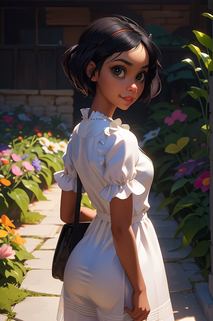 Adorable, Woman,big-eyed woman, round face. promenent lips. Smileing,In the garden,Her hands are behind her...., , large ass, wearing a cute sun dress. Picture from the side,looking at the scenes, intense colors, Very valuable details, complex details, volumetric lighting, digital art, 8k, trending on Artstation, Clear focus, complex details, highly detail, Greg Rutkowski Big Eyes, high-resolution, Black hair
