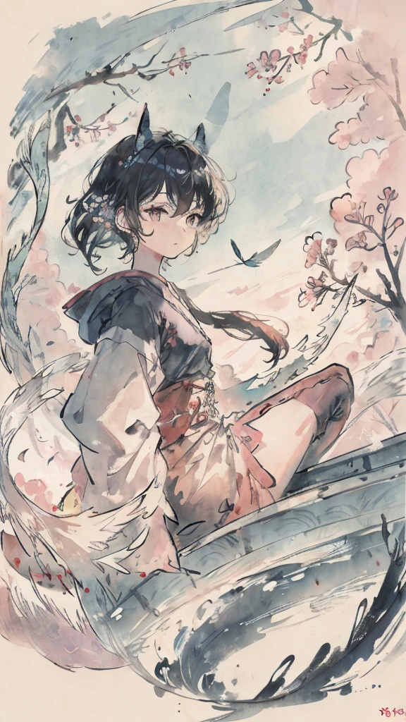 best quality, high_resolution, distinct_image, detailed background ,girl, random wear,flower, lain,dutch angle, wet, hanbok dress, waist apron,