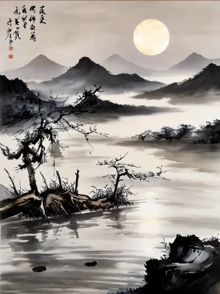 water墨画和water彩画，Drawing on rice paper，Use thick and light inks to create light and dark changes and layers，选择正确的墨water颜色，Such as deep black、thick gray、light coffee, ETC，express different situations and atmospheres，Control the gradient and transition of ink colors through the humidity and consistency of the ink，Monte，water，Tree，lake surface，desolate, desolate, ，A huge full moon rises over the horizon，cool moonlight，black and white tones，dead tree， 中国传统water墨画, Chinese traditional art, author：Guo Xi, author：Ma Yuanyu, traditional Chinese painting, author：Xu Xi, author：Luo Mu, author：Yang Buzhi, author：Li Kelan, author：Zhi&#39;an, water墨画 ) ) ) ), 中国water墨画, 中traditional Chinese painting风格