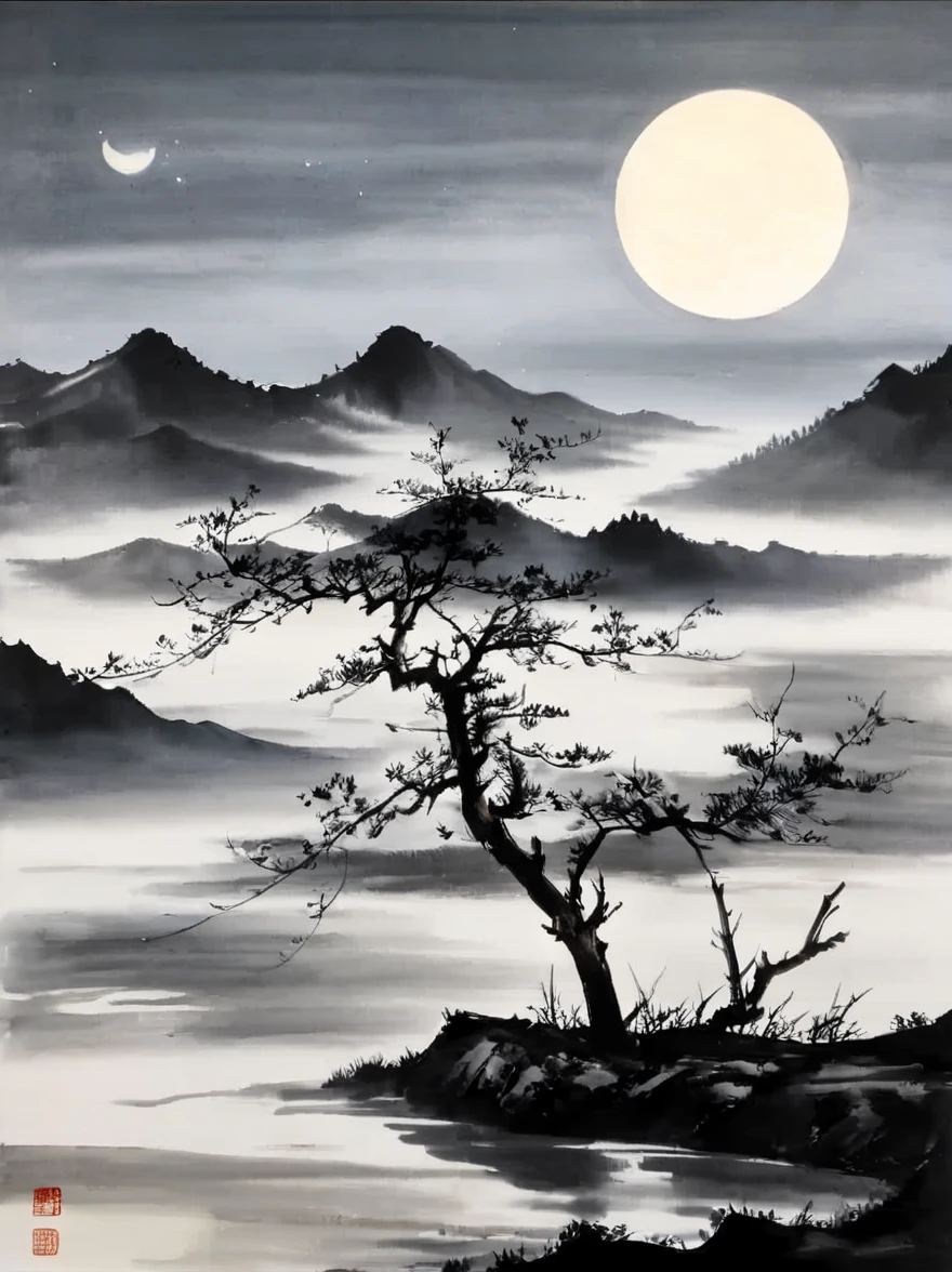 water墨画和water彩画,Drawing on rice paper,Use thick and light inks to create light and dark changes and layers,选择正确的墨water颜色,Such as deep black、thick gray、light coffee, ETC,express different situations and atmospheres,Control the gradient and transition of ink colors through the humidity and consistency of the ink,Monte,water,Tree,lake surface,desolate, desolate, ,A huge full moon rises over the horizon,cool moonlight,black and white tones,dead tree, 中国传统water墨画, Chinese traditional art, author:Guo Xi, author:Ma Yuanyu, traditional Chinese painting, author:Xu Xi, author:Luo Mu, author:Yang Buzhi, author:Li Kelan, author:Zhi'an, water墨画 ) ) ) ), 中国water墨画, 中traditional Chinese painting风格