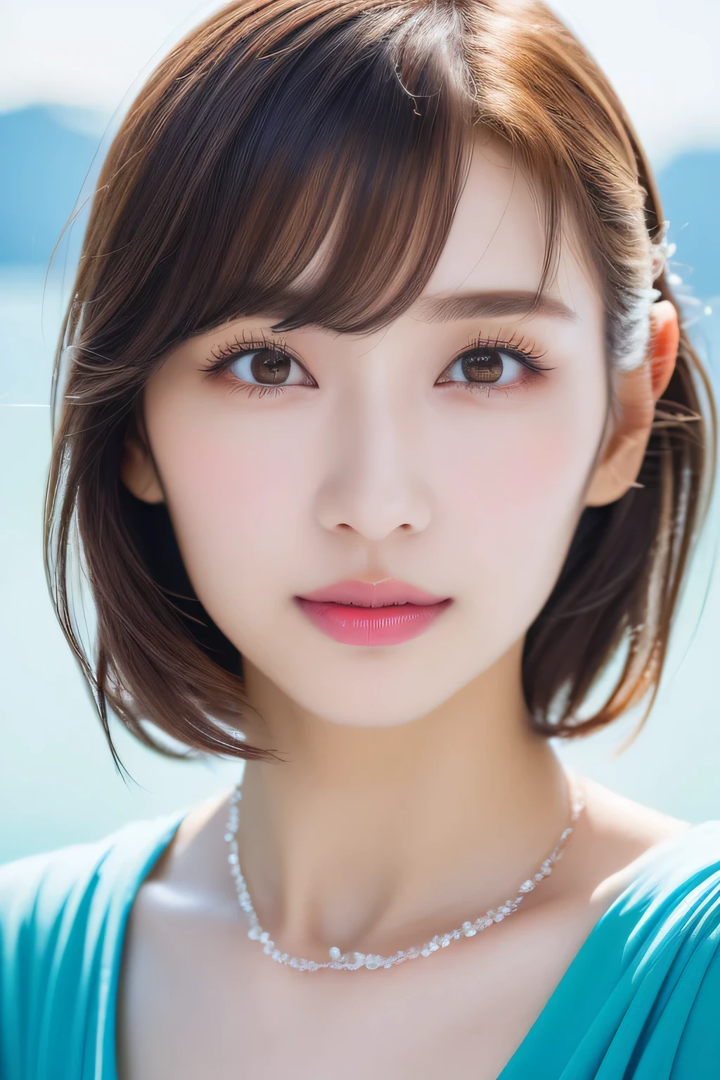 (highest quality, 4k, masterpiece :1.3), 
sharp focus, shallow depth of field, Bright colors, professional level, 
20-year-old, 1 person, (Half Japanese and German woman）, The face of a famous Japanese actress, 
Supple body :1.3, model body shape:1.5, perfect style：1.4, 
narrow shoulders, beautiful clavicle, long and thin legs, 
delicate body shape, The beauty of slim abs :1.2, thin waist :1.2, 
super detailed skin, Fair skin, Shiny skin, super detailed face, 
slim facial contour, beautiful small face, Beautiful lined nose, 
super detailed eyes, long slit eyes, brown eyes, double eyelid, Beautiful thin eyebrows, fine long eyelashes, 
super detailed lips, plump lips, glossy pink lips, flushed cheeks, beautiful teeth, 
Beautiful actress&#39;s ennui makeup, pink lipstick, 
dark brown hair, delicate soft hair, 
(hair up, medium short hair, ponytail:1.2), 
layer cut, (dull bangs:1.2), 
(stylish looking earrings,necklace,bracelet,shiny nail art:1.2), 
cute smile, open mouth half way, Enchanted expression, ((Staring at the viewer)), 
(((photorealism,Shoot the whole body from the thighs:1.2))), ((The body is facing sideways)), 
Photographed directly from the front, dynamic lighting, 

(Dress up in a tight polka dot dress:1.2), 

((The crystal clear waters of a tropical resort, Immerse yourself in water up to your waist:1.2)), 
The midsummer sun shines on the whole,