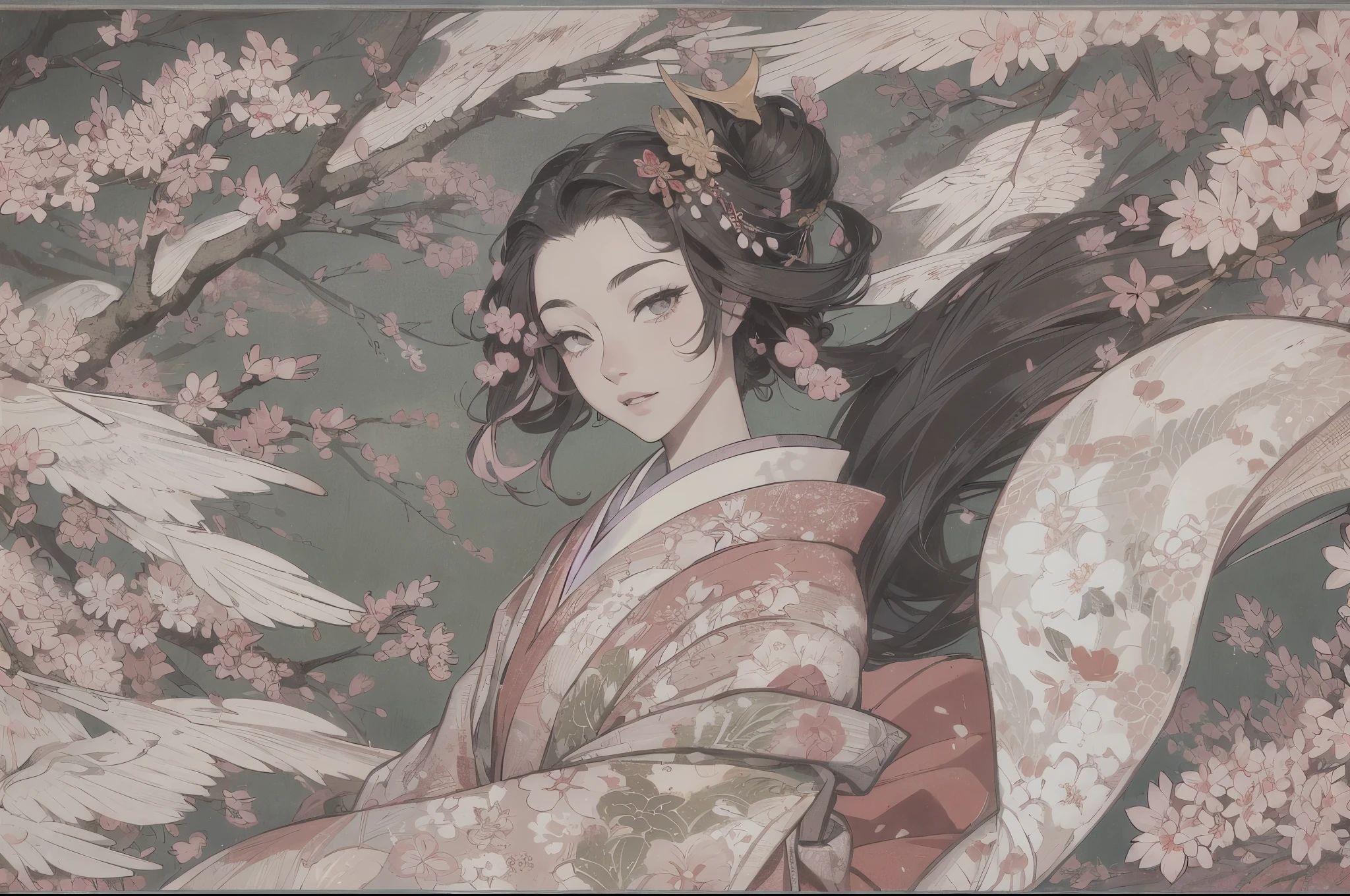 highres,stunning,traditional Japanese art,gorgeous cherry blossom garden,samurai and geisha in the center, couple, serene and elegant,wind blowing through their kimonos,Ukiyo-e inspired,delicate sakura petals swirling around,exquisite details in their armor and robes,dynamic pose and energy,expressive eyes and lips,subtle smile on geisha's face,graceful movements,feminine beauty,rich color palette with shades of pink,white, and gold,soft natural lighting,peaceful atmosphere