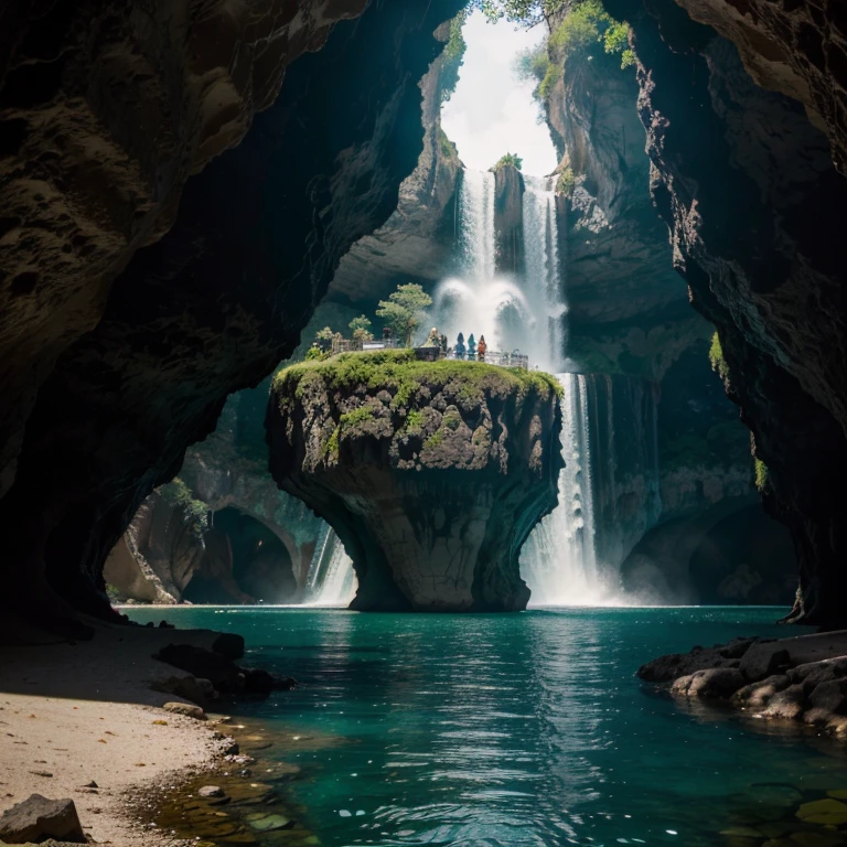 Uma caverna extremamente escura com um lago azul brilhante com um castelo preto no fundo 