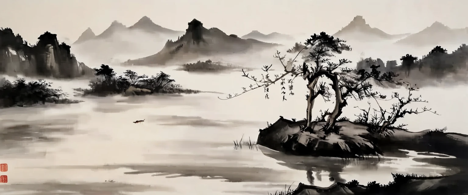 water墨画和water彩画，Drawing on rice paper，Use thick and light inks to create light and dark changes and layers，选择正确的墨water颜色，Such as deep black、thick gray、light coffee, ETC，express different situations and atmospheres，Control the gradient and transition of ink colors through the humidity and consistency of the ink，Monte，water，Tree，lake surface，desolate, desolate, ，black and white tones，dead tree， 中国传统water墨画, Chinese traditional art, author：Guo Xi, author：Ma Yuanyu, traditional Chinese painting, author：Xu Xi, author：Luo Mu, author：Yang Buzhi, author：Li Kelan, author：Zhi&#39;an, water墨画 ) ) ) ), 中国water墨画, 中traditional Chinese painting风格