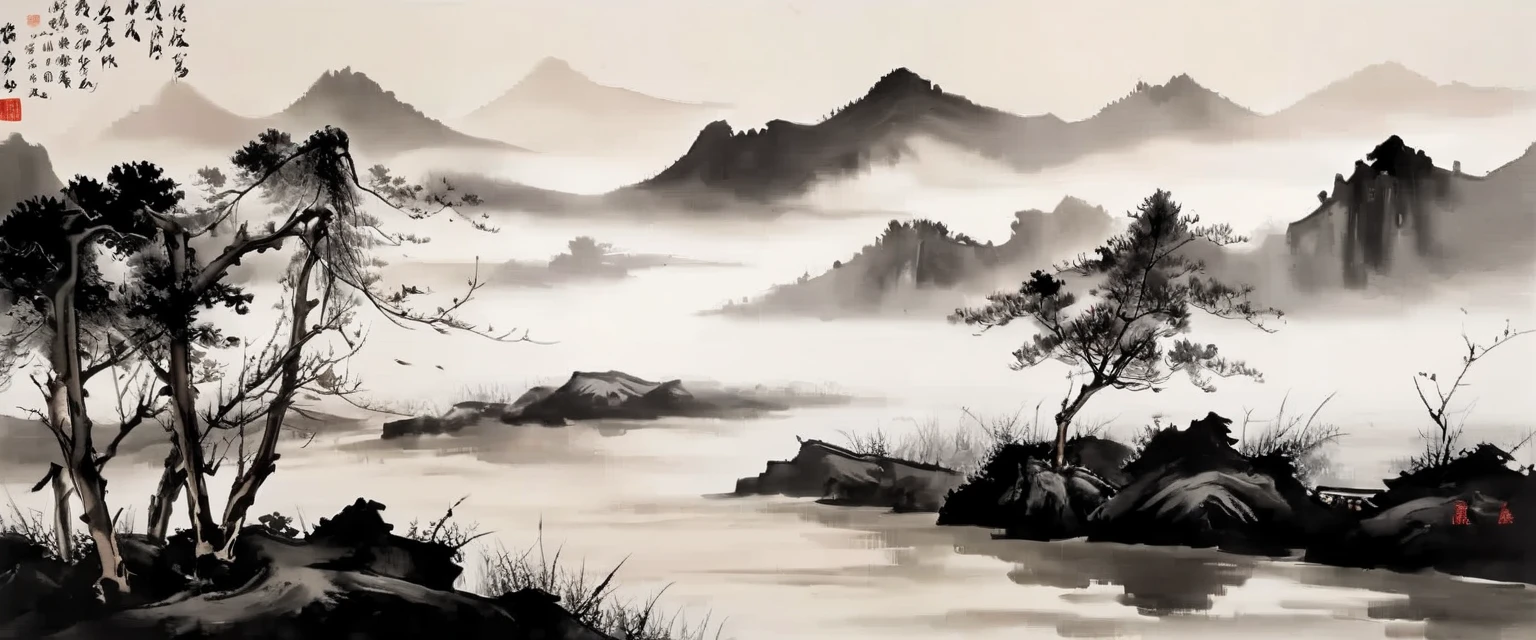 water墨画和water彩画，Drawing on rice paper，Use thick and light inks to create light and dark changes and layers，选择正确的墨water颜色，Such as deep black、thick gray、light coffee, ETC，express different situations and atmospheres，Control the gradient and transition of ink colors through the humidity and consistency of the ink，Monte，water，Tree，lake surface，desolate, desolate, ，black and white tones，dead tree， 中国传统water墨画, Chinese traditional art, author：Guo Xi, author：Ma Yuanyu, traditional Chinese painting, author：Xu Xi, author：Luo Mu, author：Yang Buzhi, author：Li Kelan, author：Zhi&#39;an, water墨画 ) ) ) ), 中国water墨画, 中traditional Chinese painting风格
