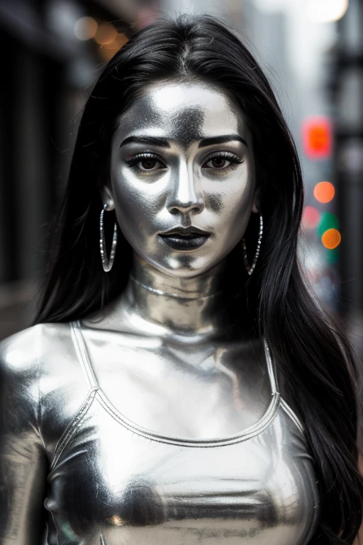 city street, neon, fog, volumetric, closeup portrait photo of beautiful young mexican woman silver living statue, intricate perfectly body head face metallic chrome silver paint, detailed facial head body, lifelike expression, living statue, metallic chrome silver tone, perfectly drawn face body head, black hair, (wearing black tank top),