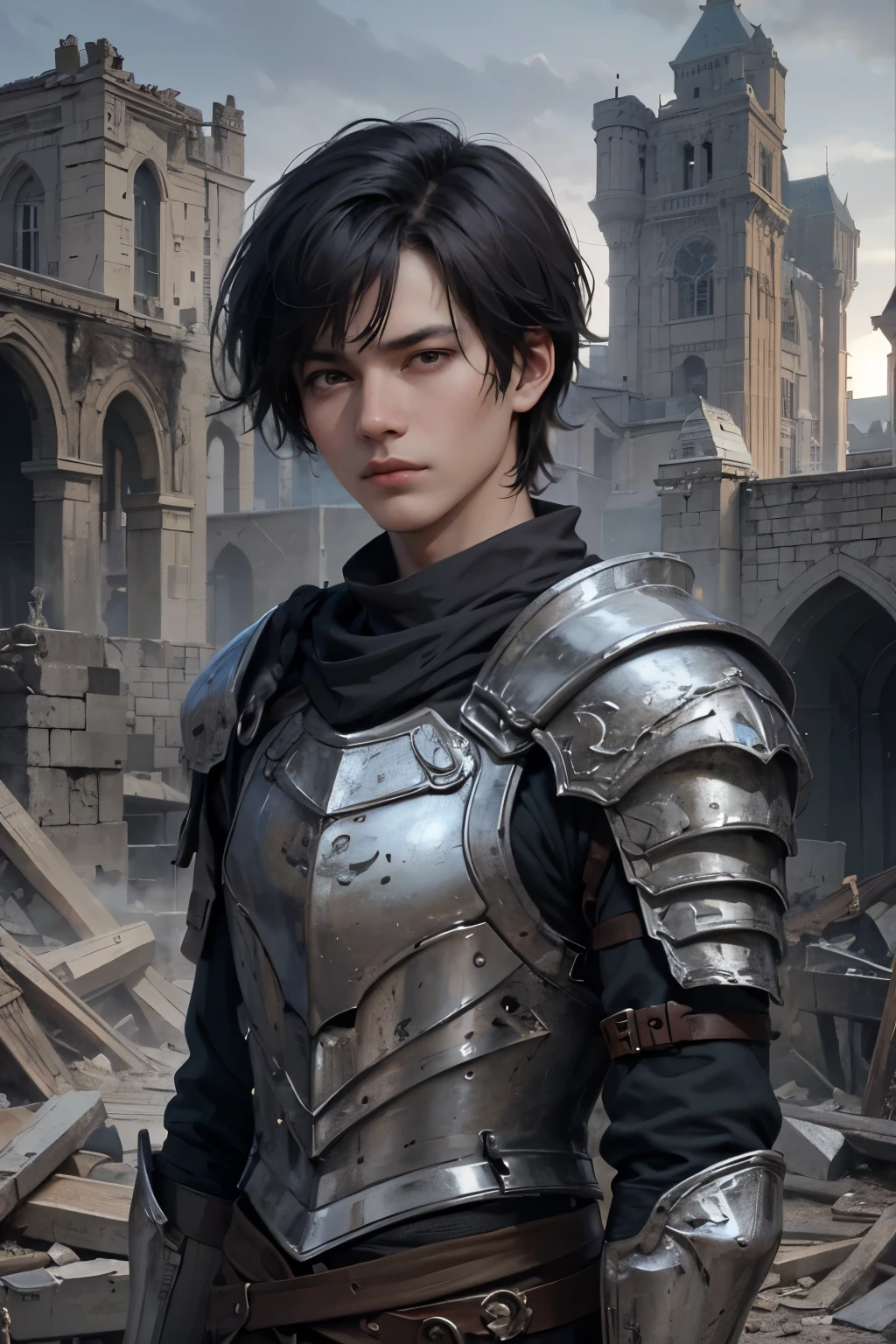 Image of a man in his 50s wearing armor standing in front of an abandoned building, 2. 5d cgi anime fantasy artwork, a human male paladin, male paladin, artwork in the style of Gweiz, Attractive man in armor, by ヤン・J, Graphic artist Magali Villeneuve, fantasy paladin, by Zhou Chen, Gweiz