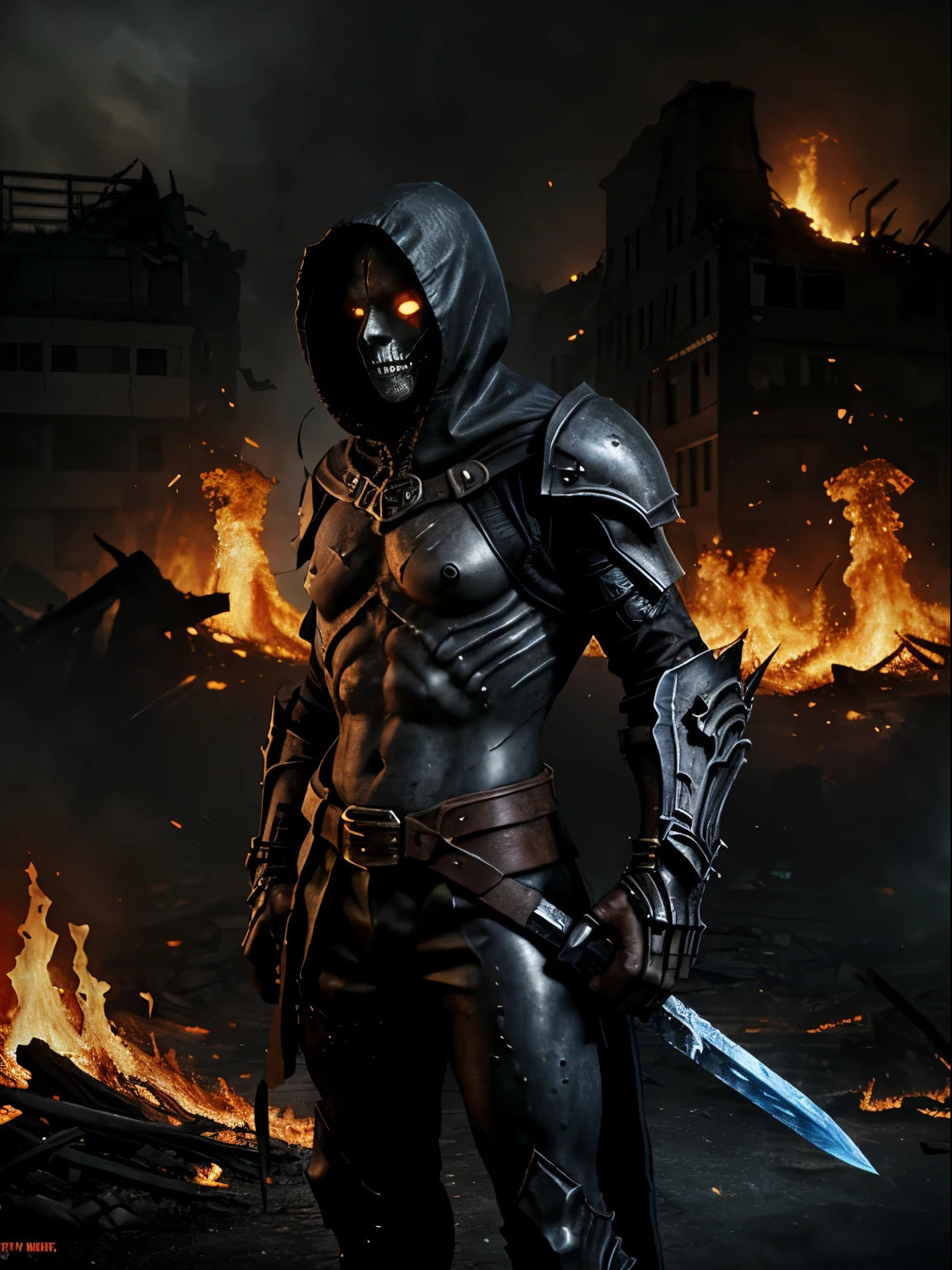 Strong man, marks and symbols on the body, long thin hair, black hood, giant banshee sword, dark, souls, demonic gloves, masiba armor, banshee armor, demon, fire, hellish horse of fire and lava, red eyes . , glowing blue eyes, hell, apocalyptic, end of the world, Dark Side, ruin, war, Darksiders, ERA (Darksiders), artwork, warrior, envoy from hell, Horseman of the Apocalypse, death, blood, destruction, hunger, fight , fury, devastated city, ruined buildings, destroyed streets, poverty and particles in the air.
