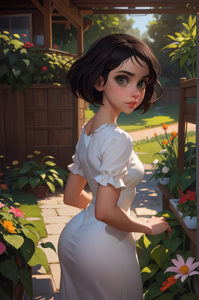 Adorable, Woman,big-eyed woman, round face. promenent lips. Smileing,In the garden,Her hands are behind her...., , large ass, wearing a cute sun dress. Picture from the side,looking at the scenes, intense colors, Very valuable details, complex details, volumetric lighting, digital art, 8k, trending on Artstation, Clear focus, complex details, highly detail, Greg Rutkowski Big Eyes, high-resolution, Black hair. Alison Brie
