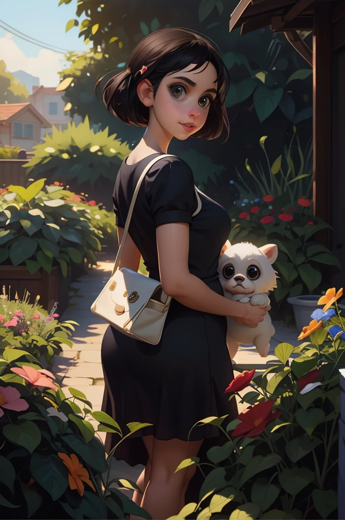 Adorable, Woman,big-eyed woman, round face. promenent lips. Smileing,In the garden,Her hands are behind her...., , large ass, wearing a cute sun dress. Picture from the side,looking at the scenes, intense colors, Very valuable details, complex details, volumetric lighting, digital art, 8k, trending on Artstation, Clear focus, complex details, highly detail, Greg Rutkowski Big Eyes, high-resolution, Black hair. Alison Brie
