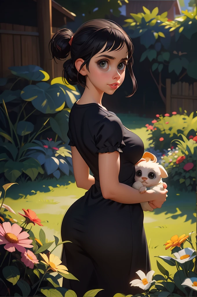 Adorable, Woman,big-eyed woman, round face. promenent lips. Smileing,In the garden,Her hands are behind her...., , large ass, wearing a cute sun dress. Picture from the side,looking at the scenes, intense colors, Very valuable details, complex details, volumetric lighting, digital art, 8k, trending on Artstation, Clear focus, complex details, highly detail, Greg Rutkowski Big Eyes, high-resolution, Black hair. Alison Brie