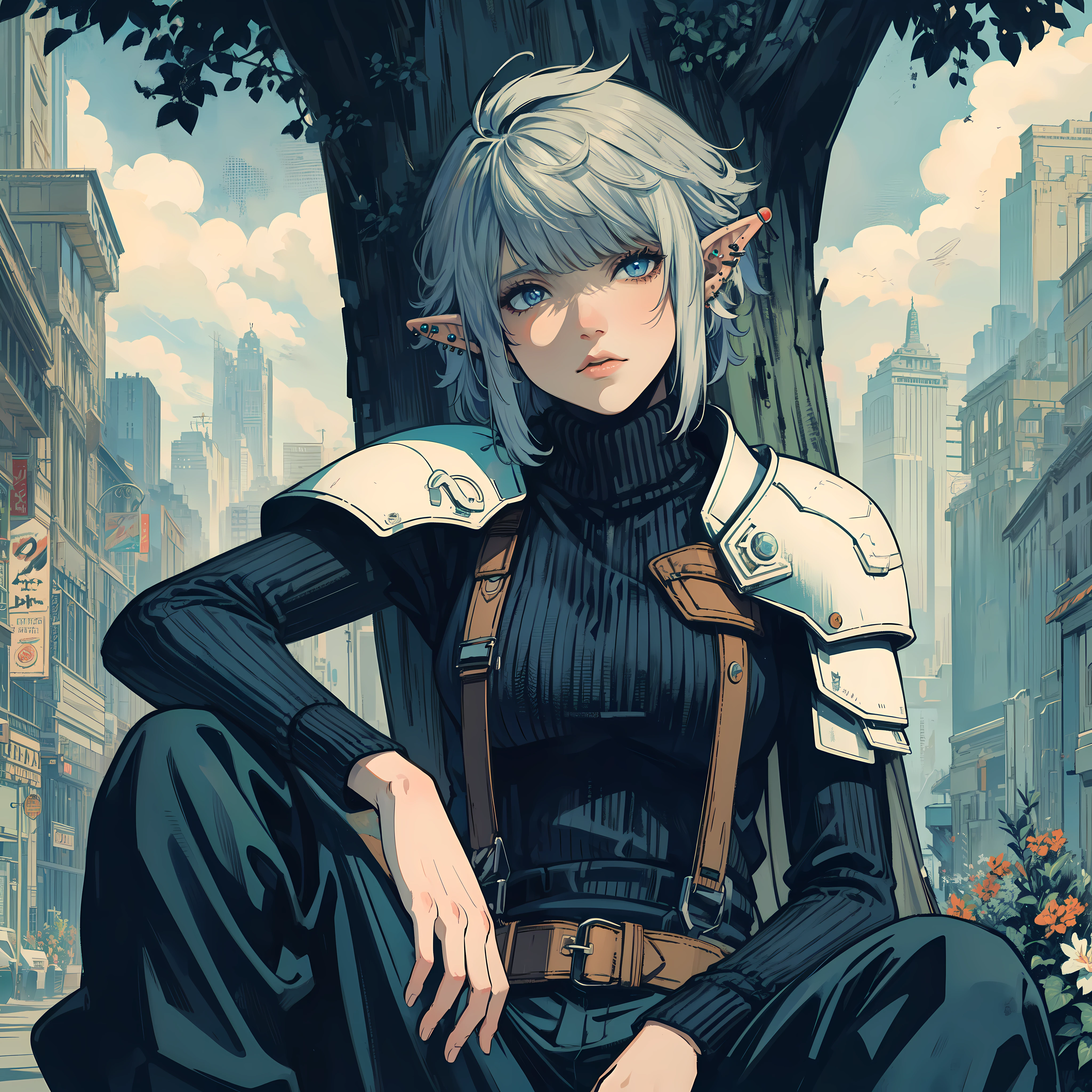 A female elf sitting under a tree in the pop art style of LISA FUJISE. BREAK, diagonal bangs, silver hair, bowl cut, blue eyes, (ear piercing), black turtleneck sweater, Wearing white armor plate on right shoulder, cargo pants, serious, character design by TETSUYA NOMURA, style by Final Fantasy VII. BREAK, Dynamic angle, master pieces, cinematic lighting, background in midgard city. 