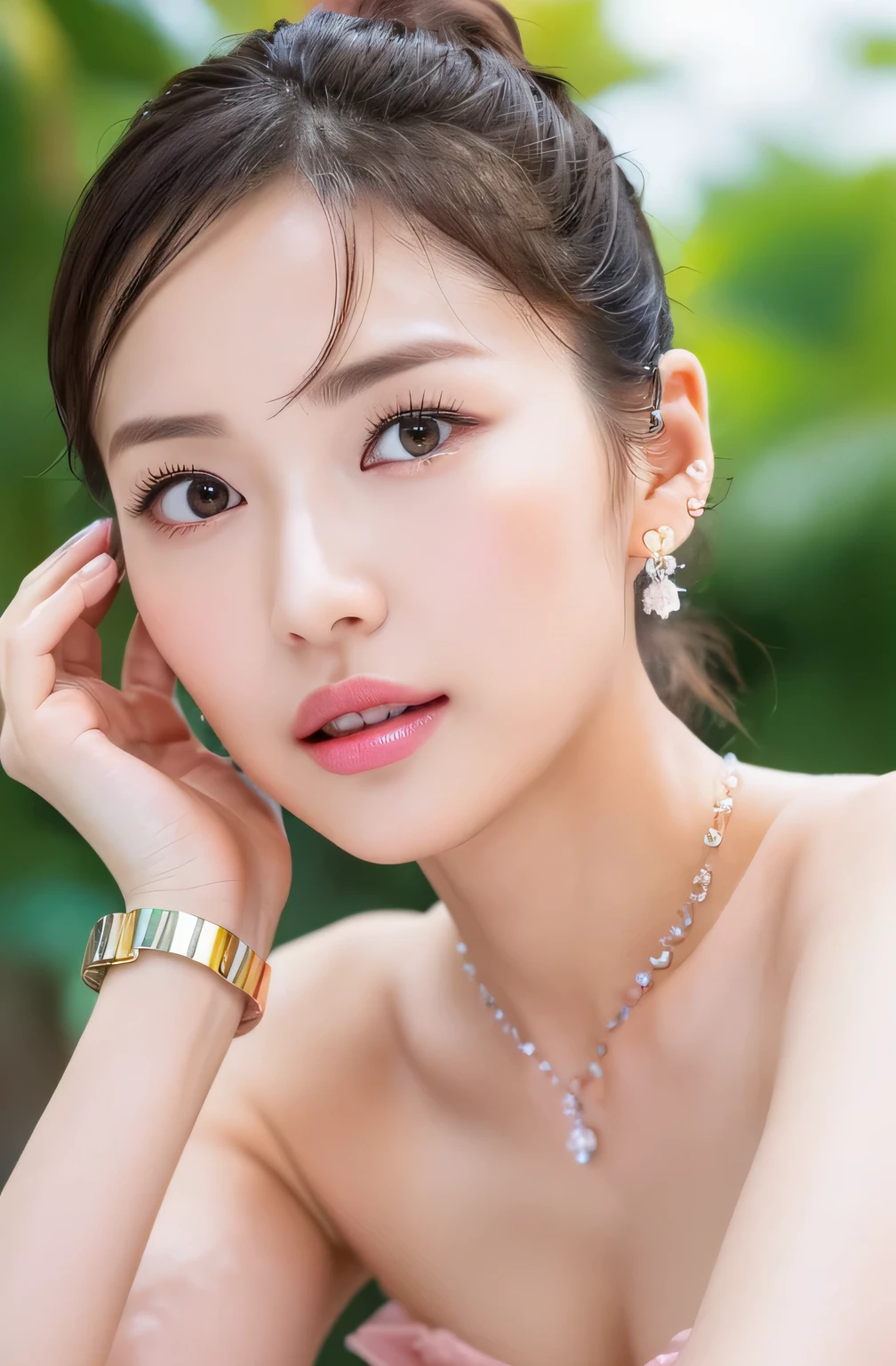 (highest quality, 4k, masterpiece :1.3), 
sharp focus, shallow depth of field, Bright colors, professional level, 
20-year-old, 1 person, (Half Japanese and German woman）, The face of a famous Japanese actress, 
Supple body :1.3, model body shape:1.5, perfect style：1.4, 
narrow shoulders, beautiful clavicle, long and thin legs, 
delicate body shape, The beauty of slim abs :1.2, thin waist :1.2, 
super detailed skin, Fair skin, Shiny skin, super detailed face, 
slim facial contour, beautiful small face, Beautiful lined nose, 
super detailed eyes, long slit eyes, brown eyes, double eyelid, Beautiful thin eyebrows, fine long eyelashes, 
super detailed lips, plump lips, glossy pink lips, flushed cheeks, beautiful teeth, 
Beautiful actress&#39;s ennui makeup, pink lipstick, 
dark brown hair, delicate soft hair, 
(hair up, medium short hair, ponytail:1.2), 
layer cut, (dull bangs:1.2), 
(stylish looking earrings,necklace,bracelet,shiny nail art:1.2), 
cute smile, open mouth half way, Enchanted expression, ((Staring at the viewer)), 
(((photorealism,Shoot the whole body from the thighs:1.5))), ((The body is facing sideways)), 
Photographed directly from the front, dynamic lighting, 

(Dress up in a tight polka dot dress:1.2), 

((The crystal clear waters of a tropical resort, Immerse yourself in water up to your waist:1.2)), 
The midsummer sun shines on the whole,