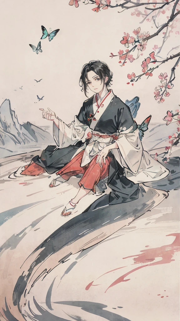 "(High image quality+1.5)A slice of rice,There are ears of rice,A small butterfly flying in a rice field,High resolution Chinese landscape,Chinese traditional watercolor painting,traditional chinese painting,chinese ink painting,peaceful scenery,cherry blossoms
