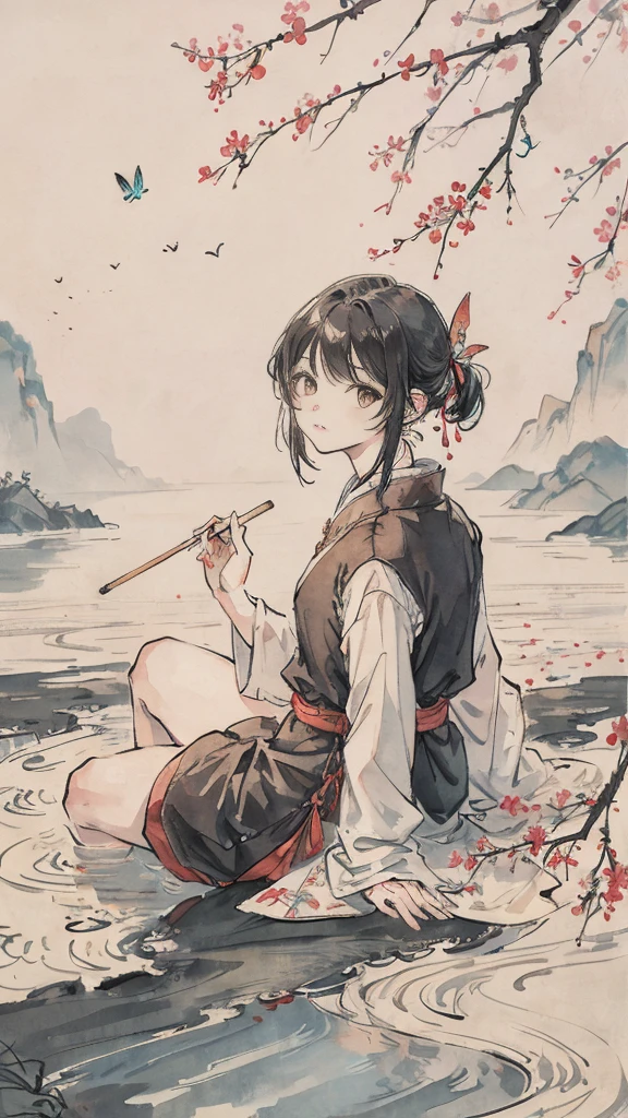 "(High image quality+1.5)A slice of rice，There are ears of rice，A small butterfly flying in a rice field，High resolution Chinese landscape，Chinese traditional watercolor painting，traditional chinese painting，chinese ink painting，peaceful scenery,cherry blossoms