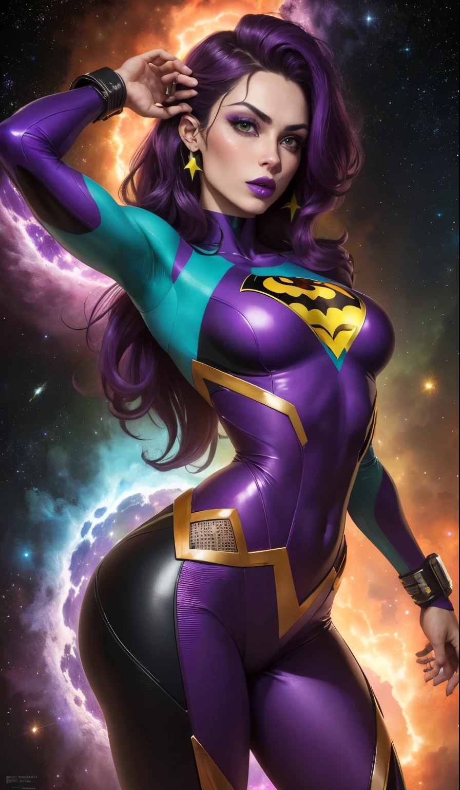 (obra maestra, 4K resolution, ultrarrealista, Muy detallado), superheroina, pelo largo naranja, Purple leather suit, ojos verdes, cuerpo musculoso, labios morados llenos, purple lipstick, pechos grandes, estrella de Fuego, en el espacio
