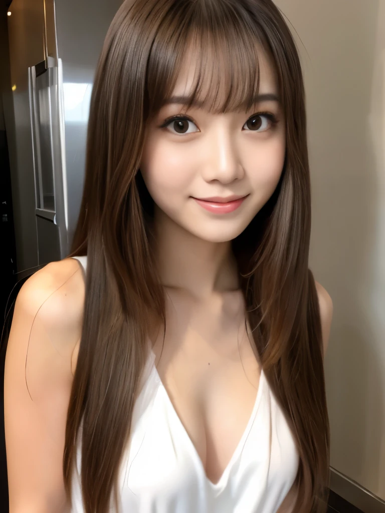 A beautiful Japanese shy girl, age 20 years old, light honey long hair, brown eyes, shiny lip, shiny hair and shiny body, wearing white slip dress, in dark room, light shine in, ecstatic expression,