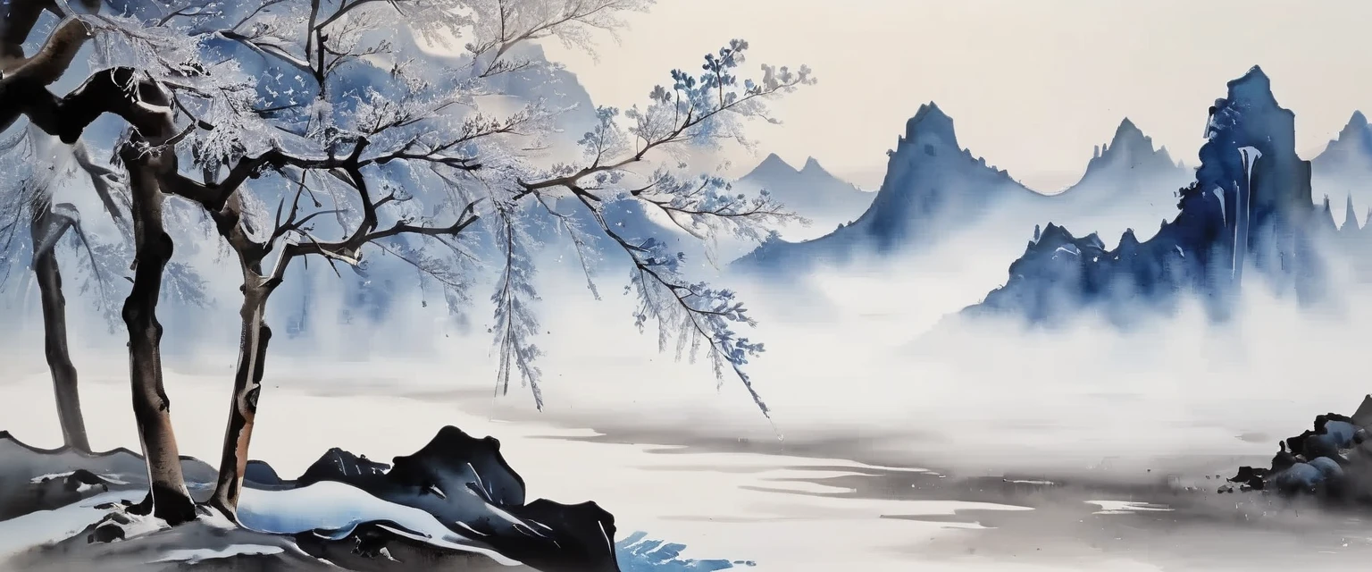 (Ink painting and watercolor painting:1.5), (landscape painting:1.5), (Tasteful:1.5), (rock:1.5),(Tree:1.5), (Ink painting and watercolor painting:1.5), (Chinese style:1.5), (Rime ice:1.5), (Rime ice:1.5), (ice crystals:1.5), (Rime ice covered the Trees:1.5), (frozen Tree:1.5),