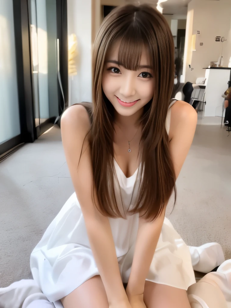 A beautiful Japanese shy girl, age 20 years old, light honey long hair, brown eyes, shiny lip, shiny hair and shiny body, wearing white slip dress, in dark room, light shine in, ecstatic expression, 