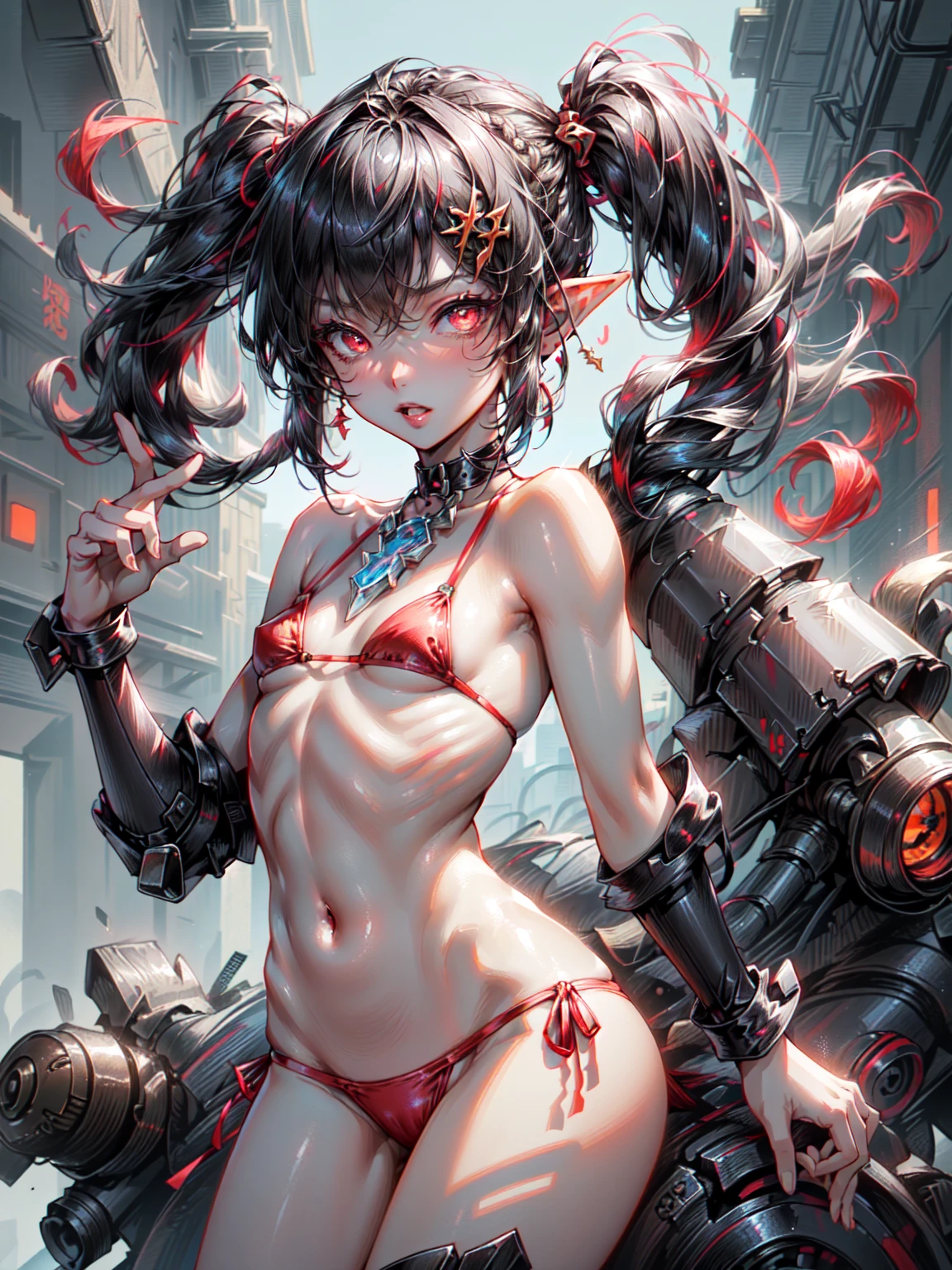 cute goblin ,girl, 1girl,(((little ,tiny little body,small))),(((6 ))),((anime goblin with extremely cute and beautiful braided hair)),(((goblin, goblin ears))),
Organic Armor Cyborg、machine armor、
(((flat chest))),((((black hair:1.35,Twin tail braided hair,colored inner hair,ear breathing)))),(((red_eye:1.3))),Complex eye,beautiful detailed eye,symmetrical eye,big eye:1.5,(((Glossy skin:1.5,bright skin: 1.5,tanned skin,shiny skin,very shiny skin,shiny body,plastic glitter skin,exaggerated shiny skin,illuminated skin))),(,detailed body,fine arms,(detailed face)),
cute,slutty,erotic,Bold,NSFW,
((red bikini:1.5,dot bikini:1.5,white dot)),revealing clothing,show your skin,(half naked),(choker,wrist cuffs),((Complex outfit,Complex clothes))),
(dynamic pose:1.0),embarrassing,(centered,Scale to fit,Rule of thirds),
(shiny winter ornaments),High resolution,sharp focus,(super detailed,very detailed),(realistic artwork:1.37),(very detailed CG unity 8k wallpaper),(((Bright colors,vibrant theme))),(Complex),(masterpiece),(highest quality),armor texture
